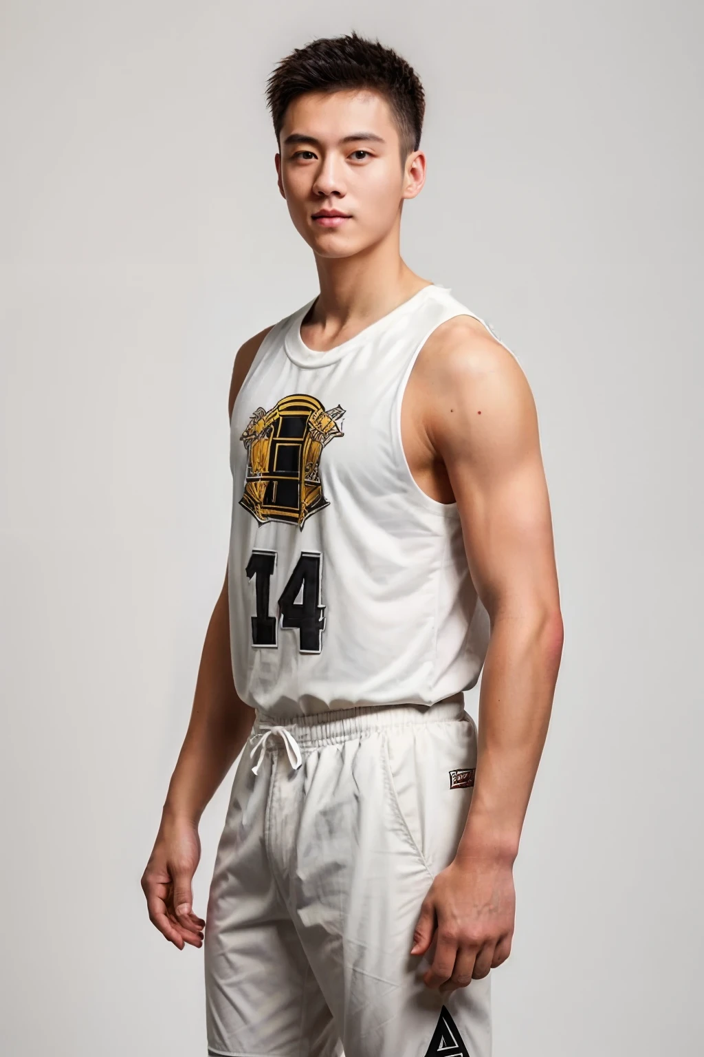 1man,An 18-year-old cream high school student,Wear a sleeveless basketball uniform,shorter pants,Wear sneakers,full bodyesbian,The face resembles that of the Chinese singer Lu Han,gentlesoftlighting,tmasterpiece,best qualtiy,8k uhd,digital SLR camera,filmgrain,Fujifilm XT3 Realistic painting art,Written by Midjourney and Greg Rutkowski