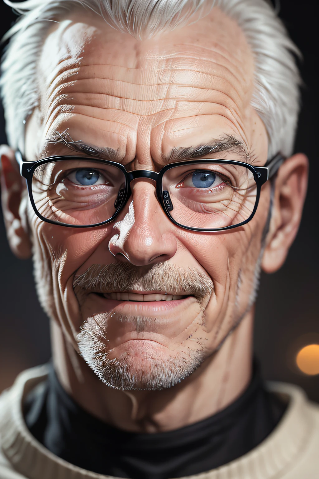 Old male, 1guy, very, drawn, confident, generous, frowning, smile, no hair, Black shirt with a turtleneck, Simple framed glasses, Front look, portrait, 4k, Hi-Res, 巨作, Best Quality, sharp focus, cinematic lighting, backlight,