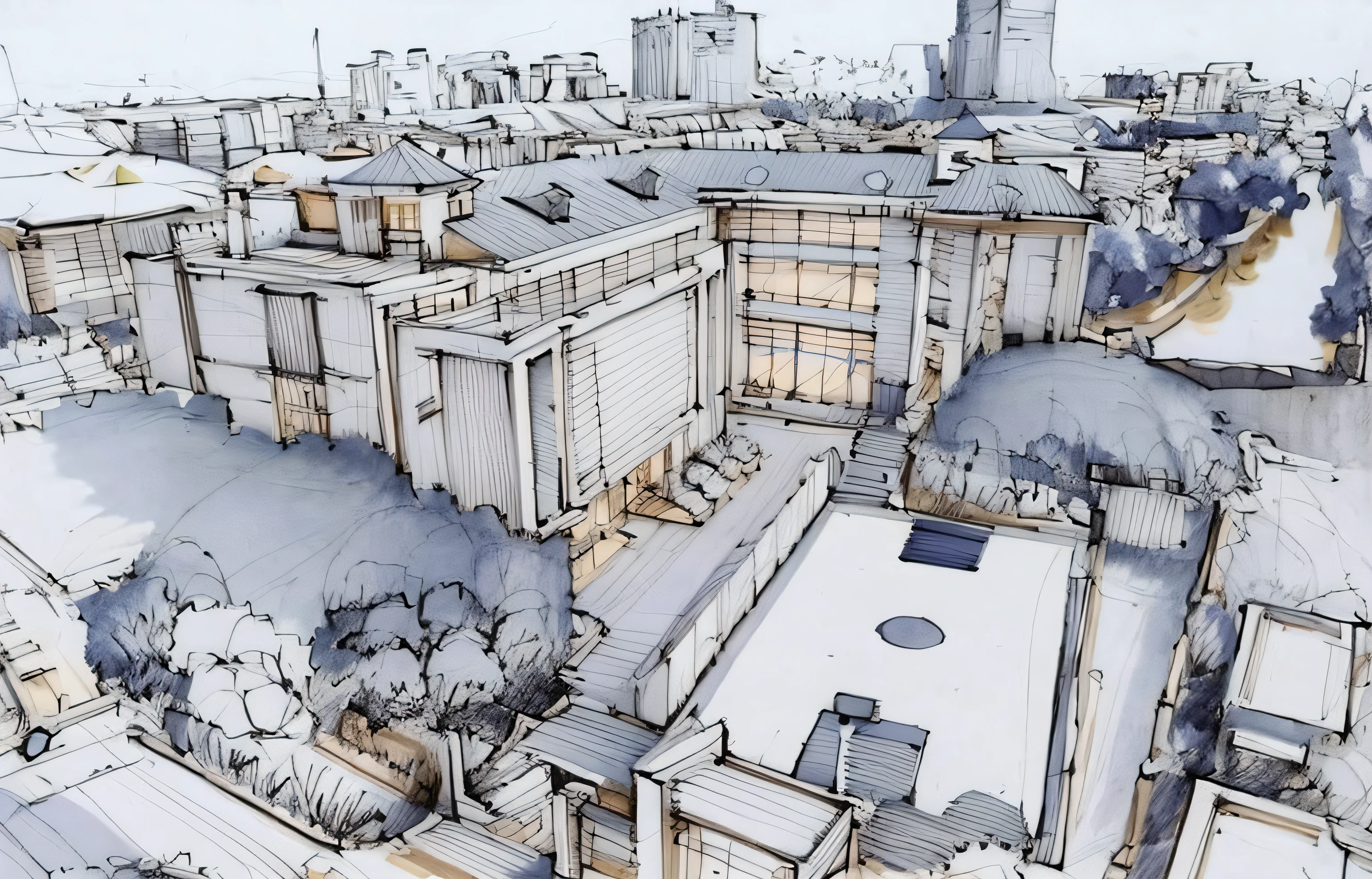 Sketch, Sketch,pen_Sketch_Style,Detailed details,white backgrounid,simplebackground,Architectural sketch style,Aerial view of the building,Good sun exposure