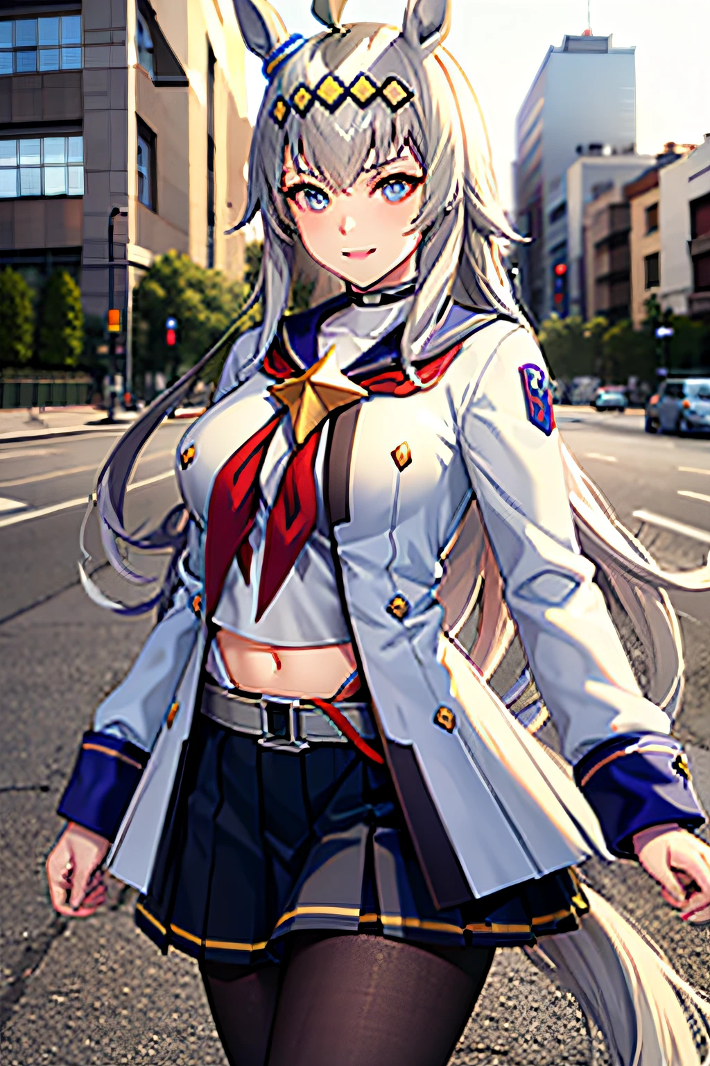 masterpiece, best quality, highres, 1girl, beautiful face, beautiful skin, beautiful body, oguri cap \(umamusume\), mature female, large breasts, cowboy shot, outdoor, navel, blue skirt, long sleeves, pleated skirt, sailor collar, red neckerchief, belt, black pantyhose, white jacket, white shirt, grey footwear, fur-trimmed boots,