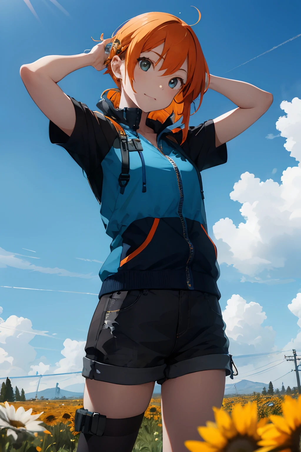 A girl with orange hair, with blue cyberpunk outfit, in a colorful meadow