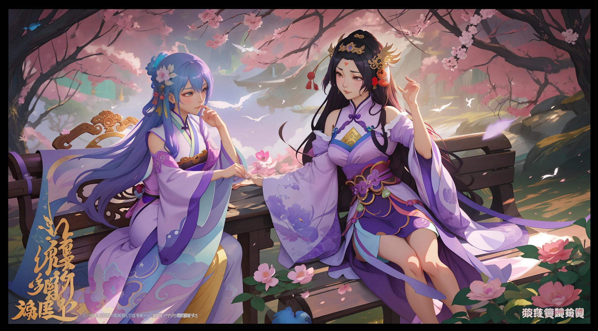 Anime girl in purple dress sitting on bench with a bird, WLOP and Sakimichan, trending on cgstation, Guviz-style artwork, Chinese fantasy, A beautiful artwork illustration, by Yang J, 2. 5 D CGI anime fantasy artwork, Ruan Jia and Artgerm, xianxia fantasy，Two beauties