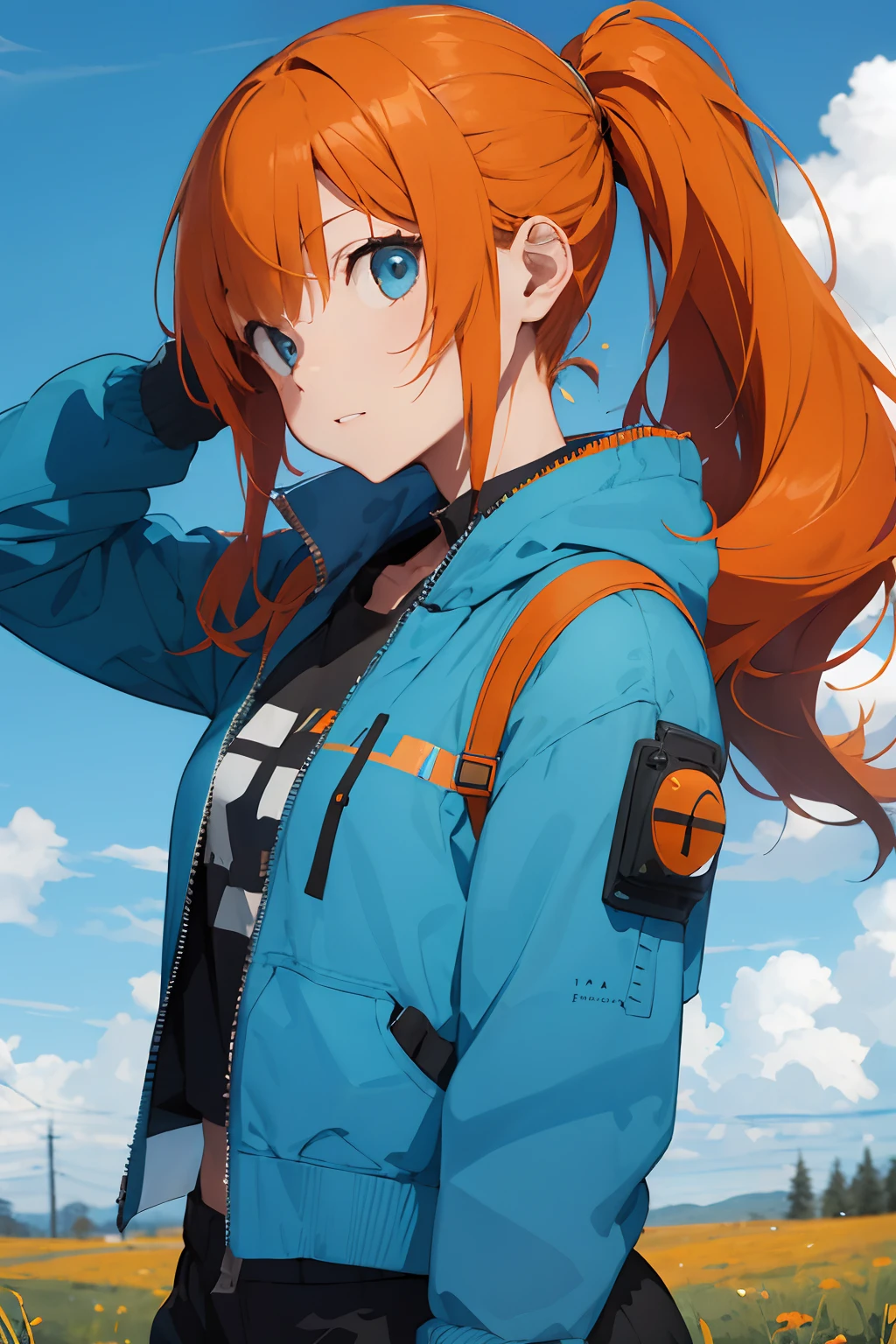 A girl with orange hair, with blue cyberpunk outfit, in a colorful meadow