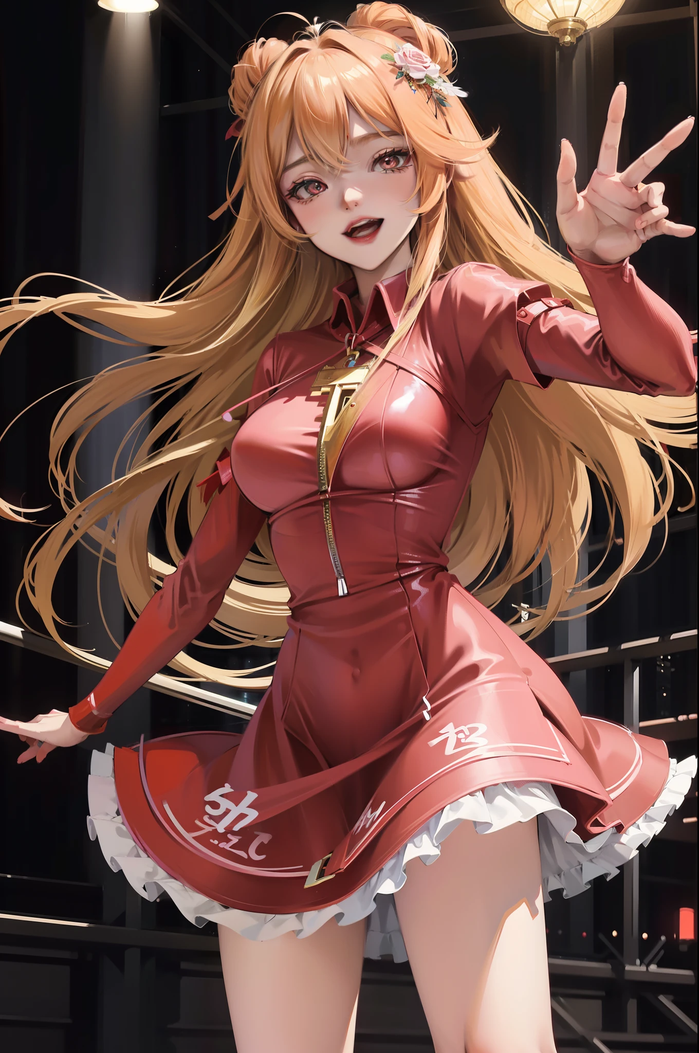 Anime girl in red dress singing into microphone in front of an audience, Russian style,Extremely detailed Artgerm, Kushatt Krenz Key Art Women, Artistic germ style, Style Artgerm, art-style, IG model | Art germ, Art germ on ArtStation Pixiv, Art germ. High detail, Art germ. anime illustration