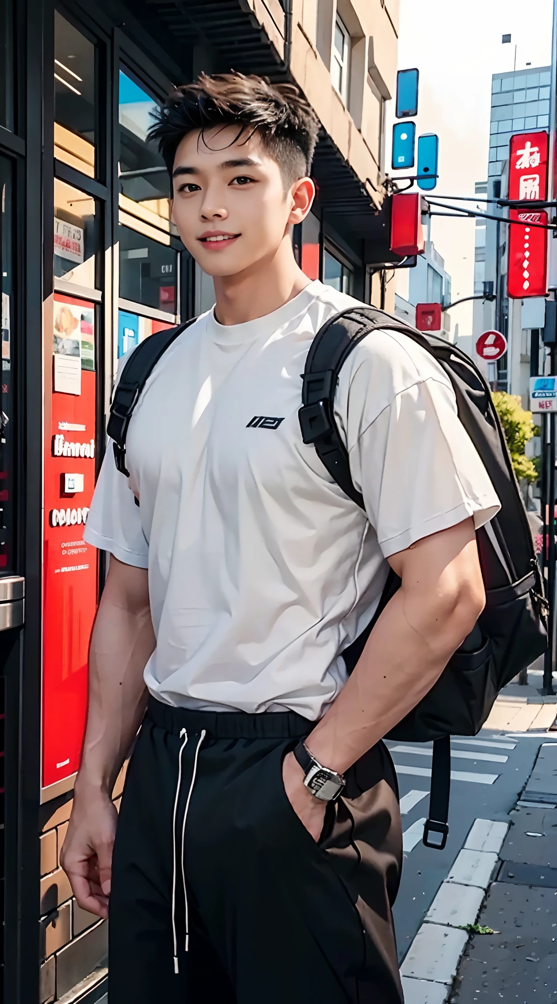 A young man,Handsome brunette boy,Run to school,Churro in hand,Backpack,White-skinned,Ultra-flat head,Muscle men,Man,highr,upper legs,Thick thighs,Wide shoulders,white short sleeve shirt,grey sweatpants,Large bulge at the crotch,A high resolution:1.2,best qualtiy,Upper body shooting,Volumetriclighting、depth of fields、shadowing、Rejoice,Light smile,Be red in the face,Morning,streets background,Dynamic,The vista is blurred