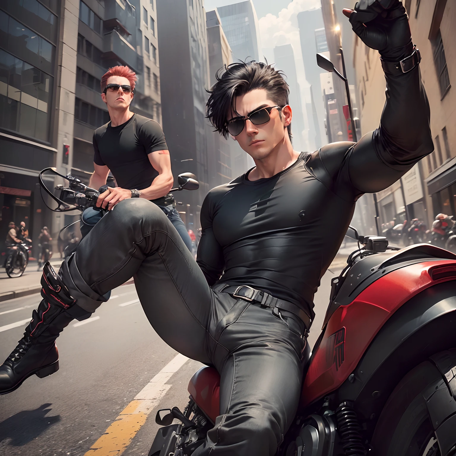 (Main character:1.5, aviators, black t-shirt:1.2, grey pants:1.2, black boots:1.1, riding:1.3, red motorcycle:1.3) through a city, (red car flipped:1.3), intense action scene. --auto