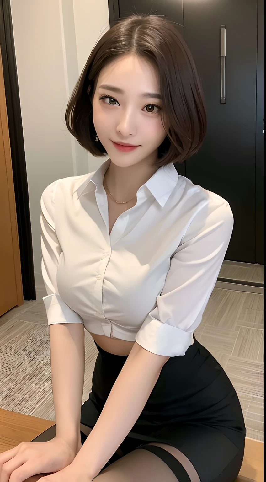 ((top-quality、8K、​masterpiece:1.3))、1girl in、A smile、Slim Faces、Pretty women、(Dark brown shorthair)1.1、hyperdetailed face、A detailed eye、二重まぶた、Slim Faces、large full breasts、Beautiful eyes、20yr old、s Office、Bring your chest together with your arms、Black pantyhose、Seductive facial expressions、Kamimei、S temperament woman、wearing skirt、White shirt