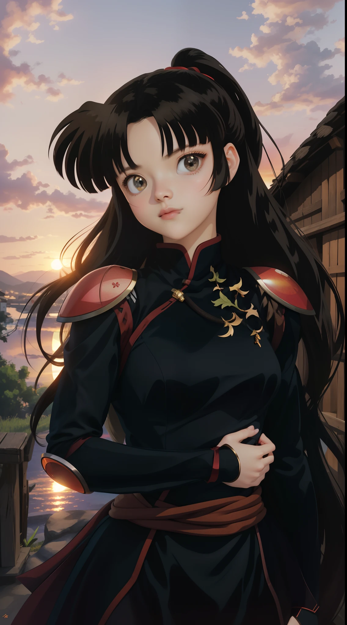Sango, 1girll, (full bodyesbian) Shot, Photorealistic, (Hyperrealistic:1.2), Perfect eyes, Perfect face, Perfect lighting, Outdoors, Warm colors, Village, Sunset,