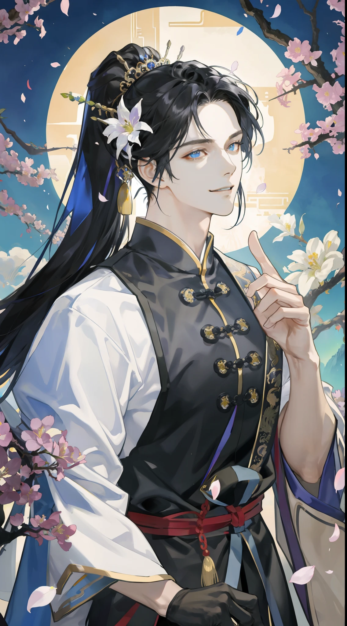 masterpiece, best quality, HDR, ultra HD, perfect hands, male focus, 1 male, adult, MALE ONLY, handsome, tall muscular guy, black long hair, HALF-PONYTAILS, fantasy, wearing ancient Chinese costumes, complex pattern, detailed face, throne, upper body, best ratio four finger and one thumb, rainbow effect, prism, spring, blooming flower, smile without opening, flying petals, looking at the viewers
