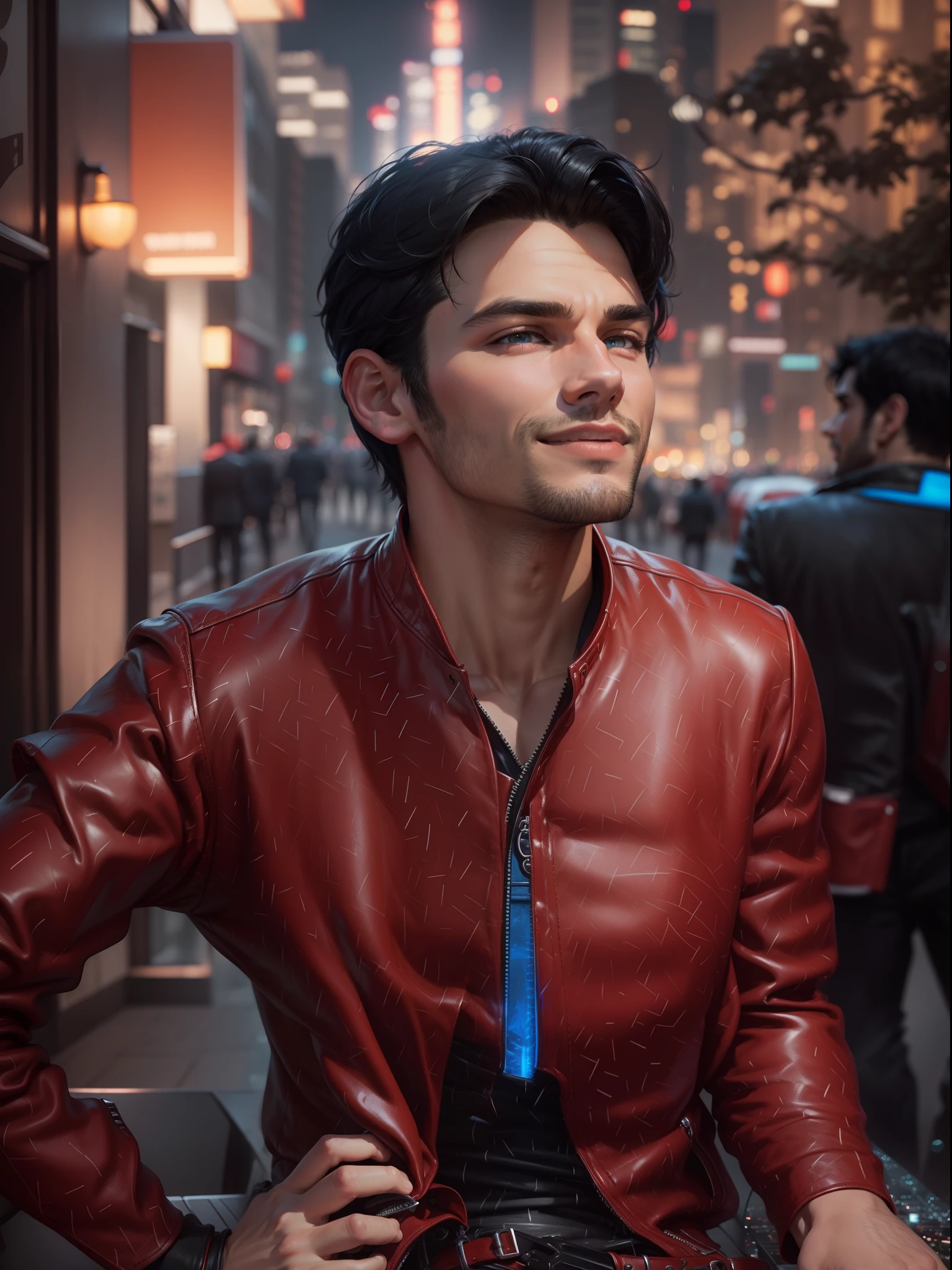 closeup of a man with black hair, red leather jacket looking to the side, over the city at night, cinematic blue lighting, 8K, RAW, HD, stunning masterpiece, menacing smile