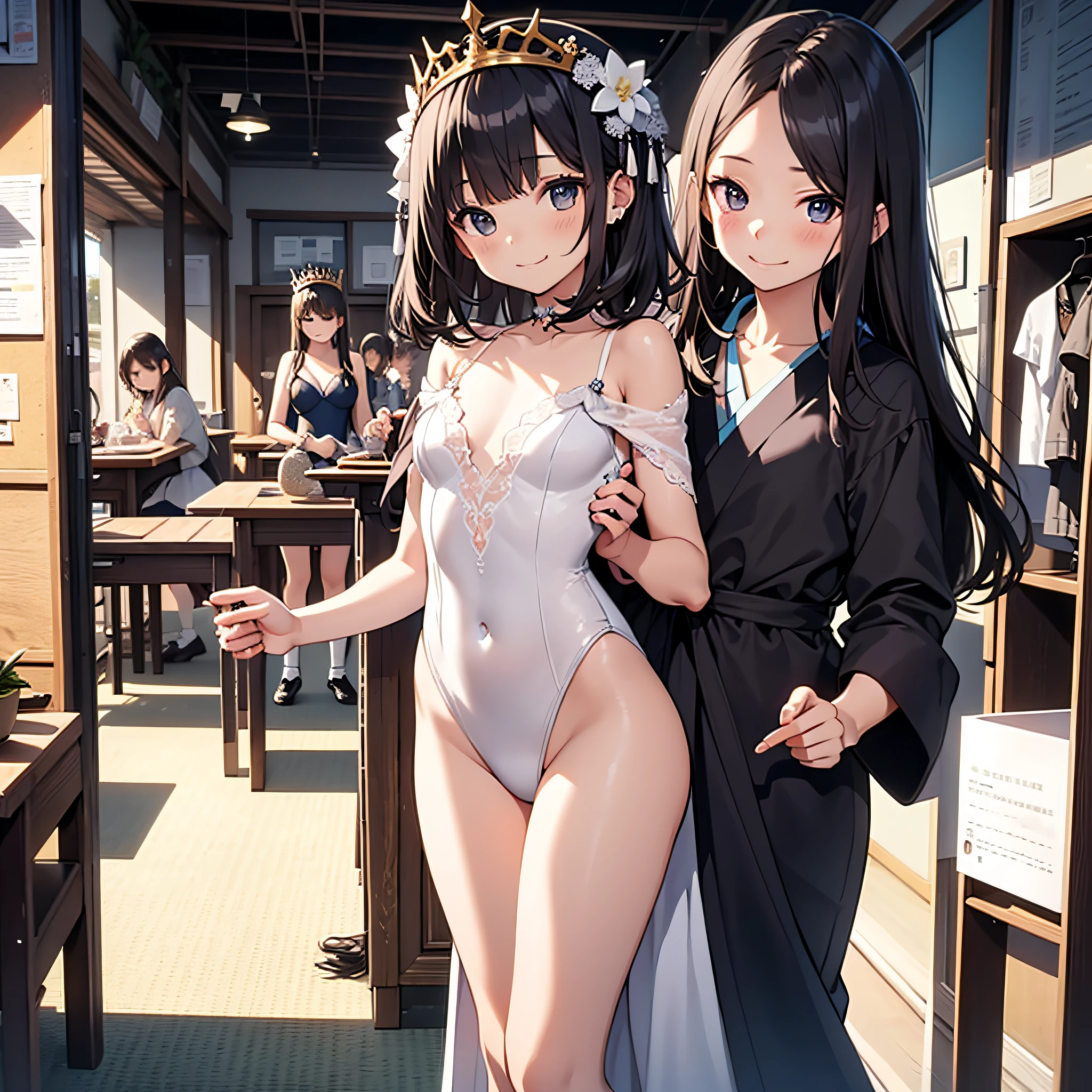 top-quality、extremely delicate and beautiful、Soio、8-year-old 、Chiquita、japanes、elementary student、A dark-haired、(white leotard)、dress room、Tiara on the head、A smile、is standing