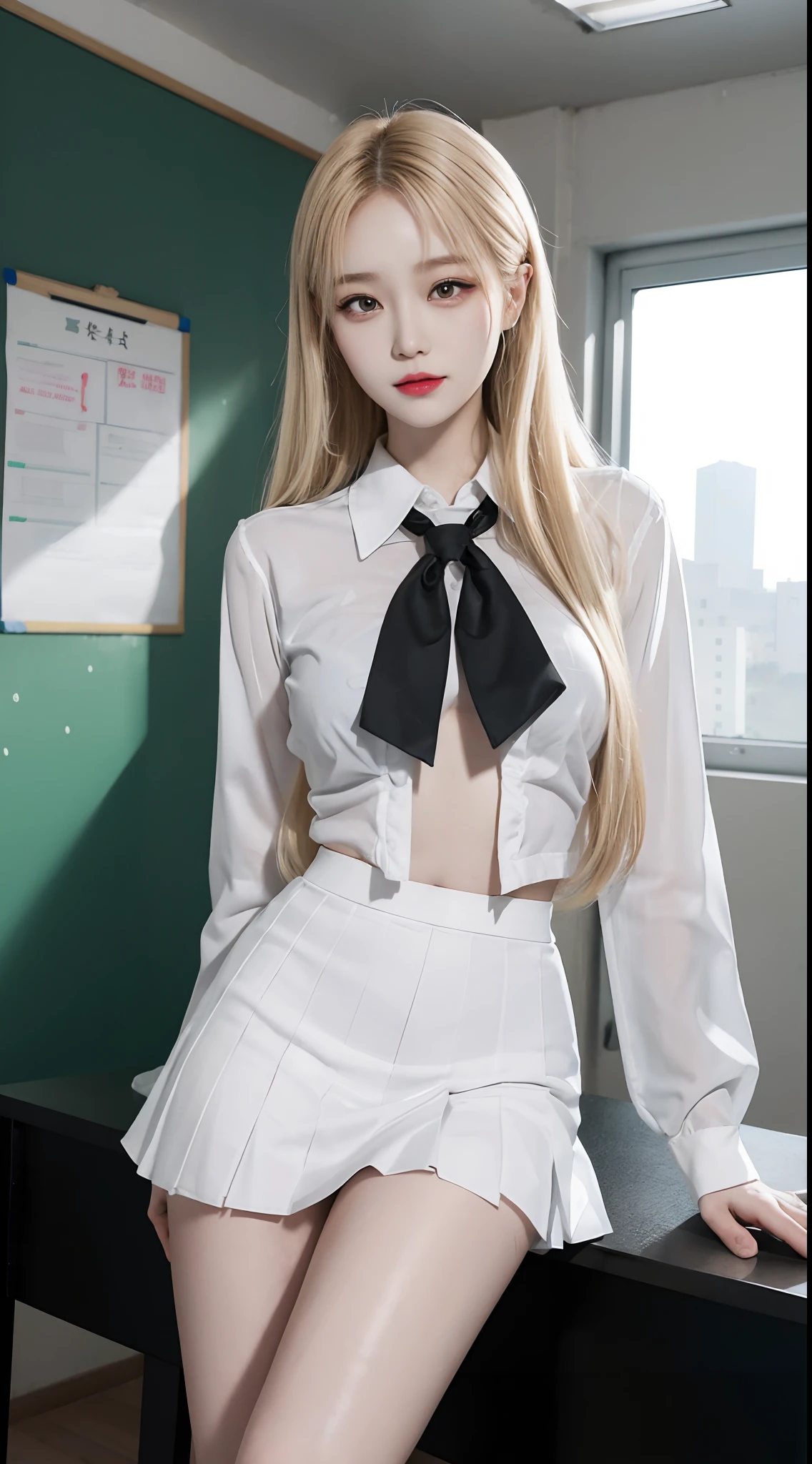 Korean school uniform,White transparent shirt,Ribbon Ties,JK uniform miniskirt,School Classroom,school stairs,Chest thrust pose,8K RAW photos,A high resolution,17-year-old South Korean,very large round breasts,,beautiful eyes in detail,long eyelasher,beautiful double eyelid,eye shadows,eyes liner,Elongated eyes,Elongated eye shape,Sanpaku eyes,evilsmile,Evil expression,Beautiful and very thin legs, Beautiful and very thin thighs,Random long hair,hair tied behind the head,耳Nipple Ring,Bright blonde hair,