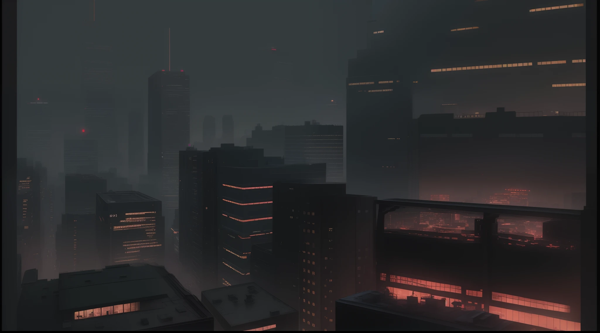 À la Fed view of the city at night with several buildings, black and white manga panel, anime city lineart, Scene View, anime style cityscape, set in tokyo rooftop, Black Animation, establishing shot, Keyframes, opening scene, Animated still image screencaps, Neo - Noir Settings, comic book:.2 | Unreal Engine:.3