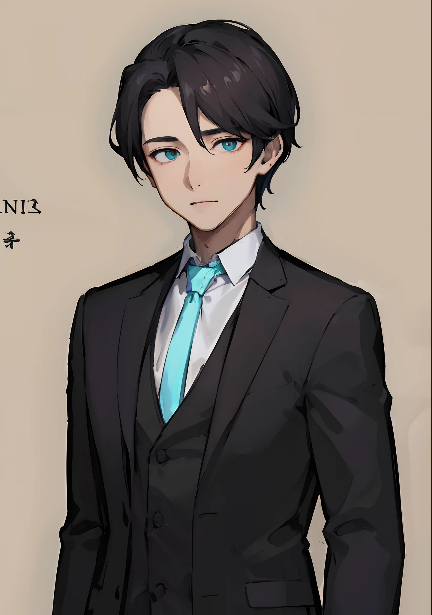 1boy, quiff, black hair, white shirt, Cyan eyes, Hair between the eyes, jewelries, sheet, looks at the viewer, male focus, earring in the ear, pants, Shirt, jacket, 独奏, watch, black pants wrist watch, messy hair, Trending on ArtStation, 8K resolution, higly detailed, anatomically correct, Clear image, digitalpainting, ConceptArt, trending on pixiv, style of makoto shinkai, Simple background, Cinematic world