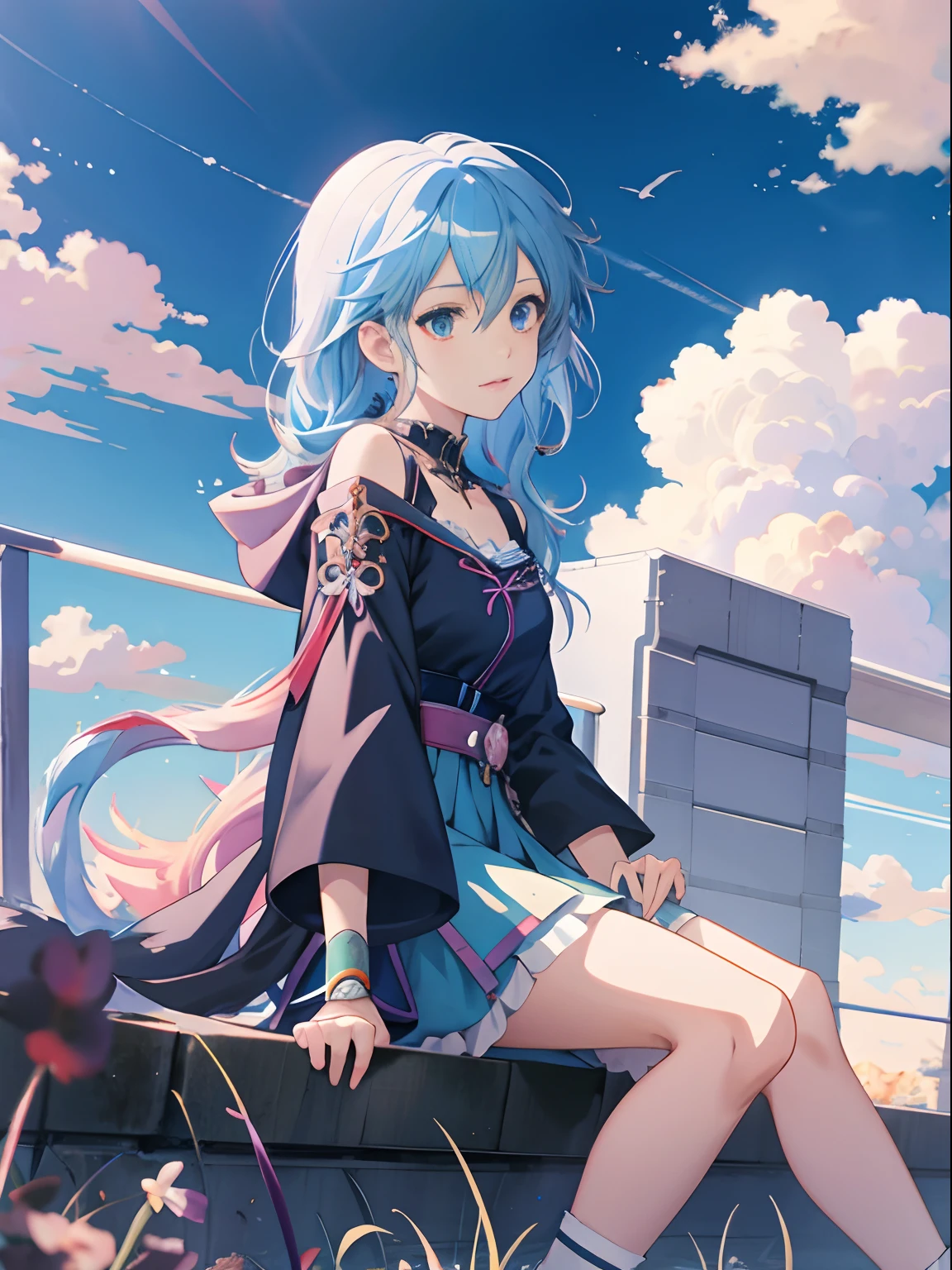 Anime girl sitting city wolf on rainbow cloud background, style of anime4 K, 4K anime wallpaper, Anime epic artwork, Anime Cloud, Anime wallpaper 4 k, Anime wallpaper 4K, Anime Sky, Anime art wallpaper 4k, Anime art wallpaper 4k, hd anime wallaper, Guweiz in Pixiv ArtStation