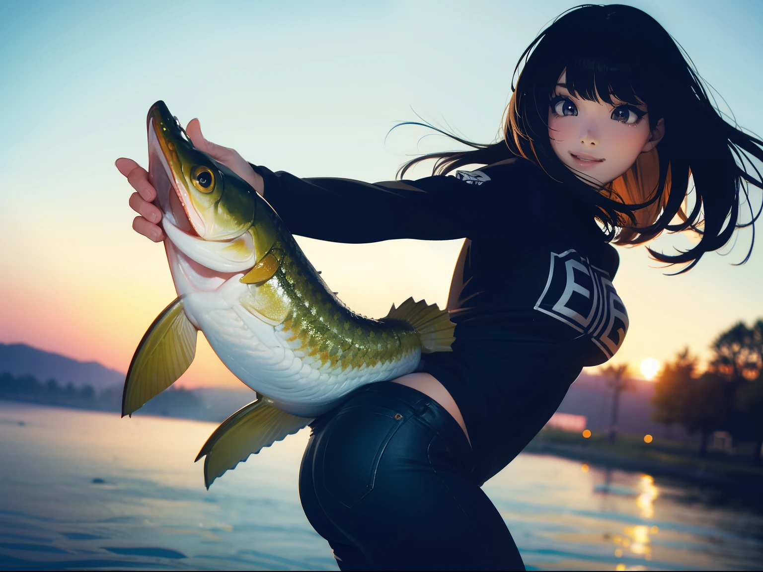 (((catching a big largemouthbass with both hands))) (((stand by the lakeside:1.1))),((Best quality, Masterpiece :1.3)),(1 japanese mature female),large mouth bass,black hair, longeyelashes, solid circle eyes, light smile, drop shadow, atmospheric perspective, 8k, super detail, ccurate, best quality, small breasts,black jacket, Black T-shirt ,navy blue jeans,