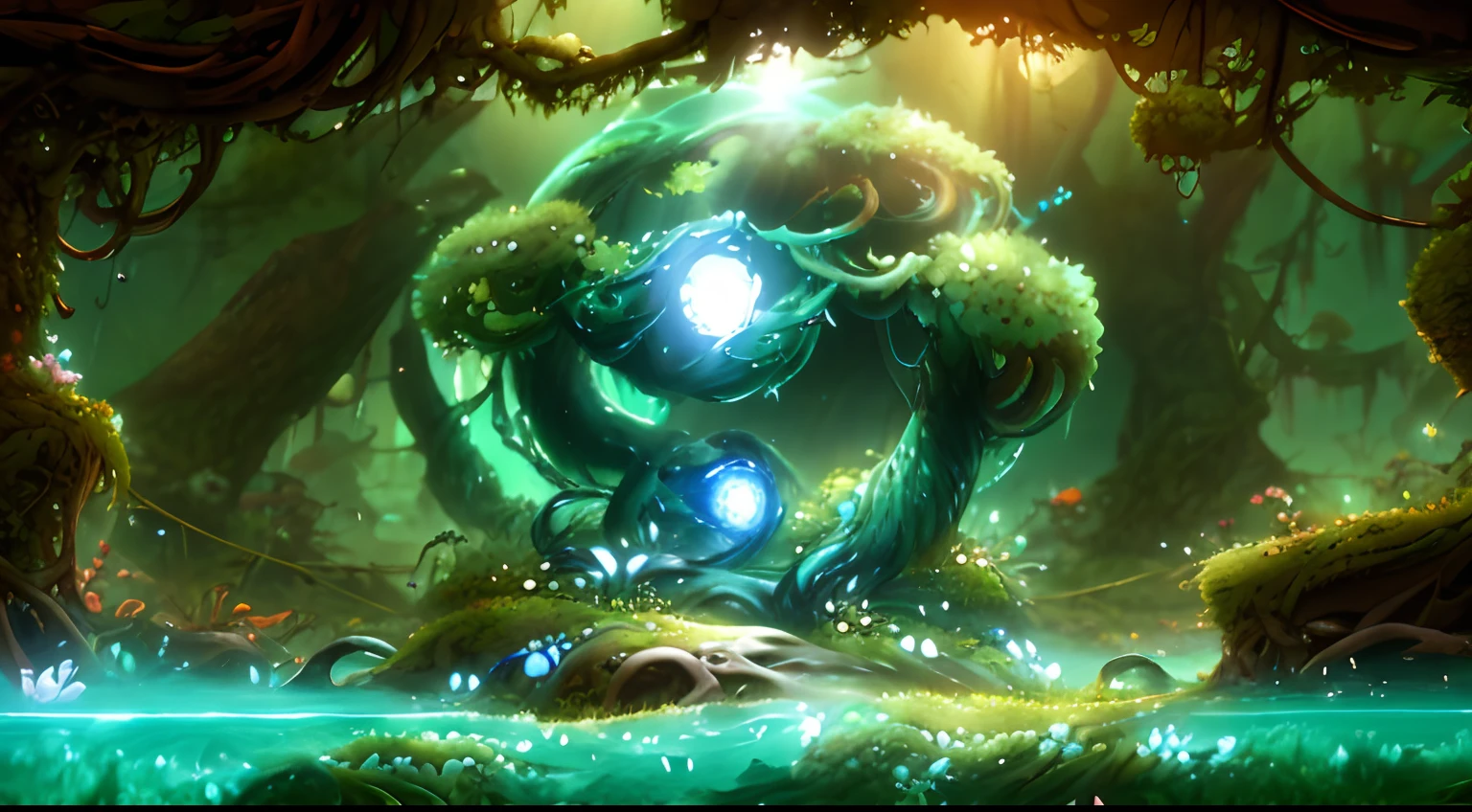 Art by Calms, digital painting, smooth, high quality, highly detailed sketch, magic, flower bridge, (glowing orb:1.1) in the middle, (green forest:1.2), waterfall, (spirit tree:1.1), (fisheye:1.3),
