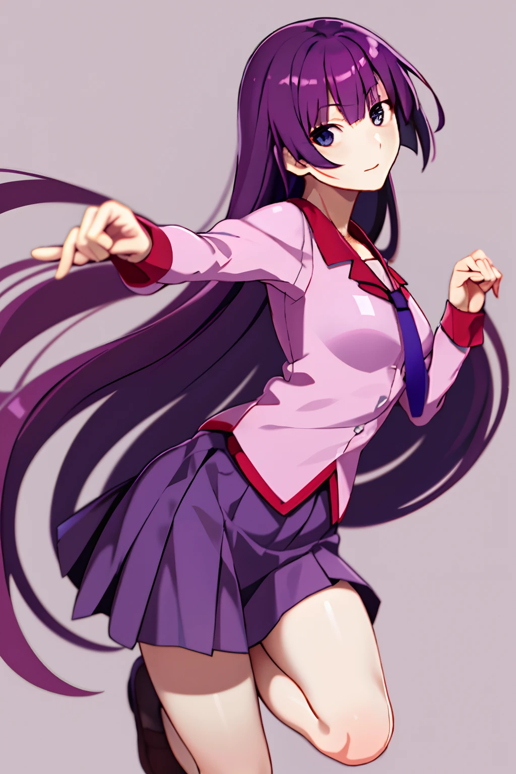 1girll,，Emoji seduction，senjougahara hitagi, Solo, upper legs, Skirt, Long hair, Naoezu High School uniform, Blue eyes, Juliet sleeves, school uniform, Purple hair, shirt, zettai ryouiki, Medium breasts, Very long hair, Purple skirt, Miniskirt,Full body photo of dancing pose