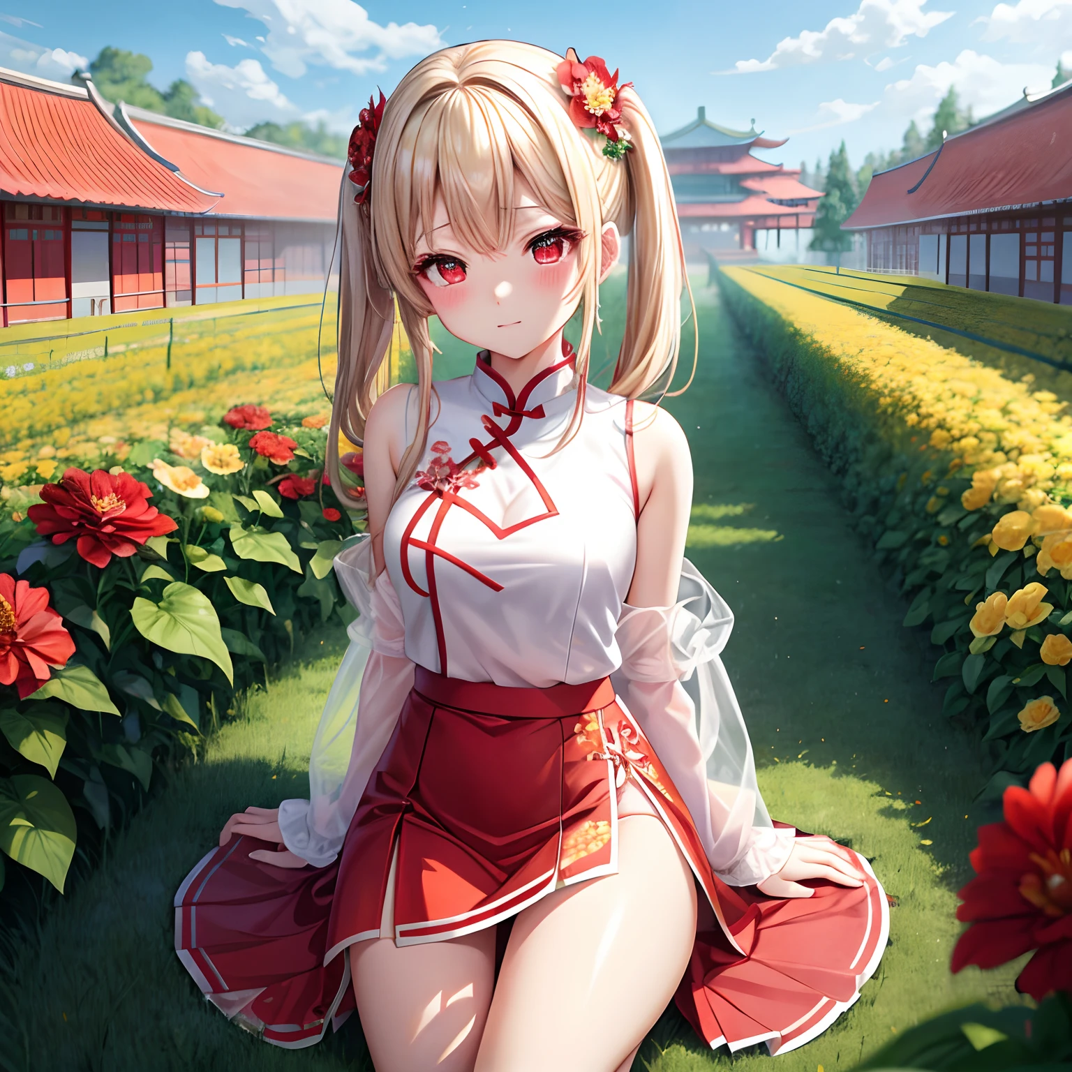a blond、red eyes、One pretty girl、独奏、animesque、flower field、red blush、White cheongsam、Underwear is slightly visible、Mini skirt