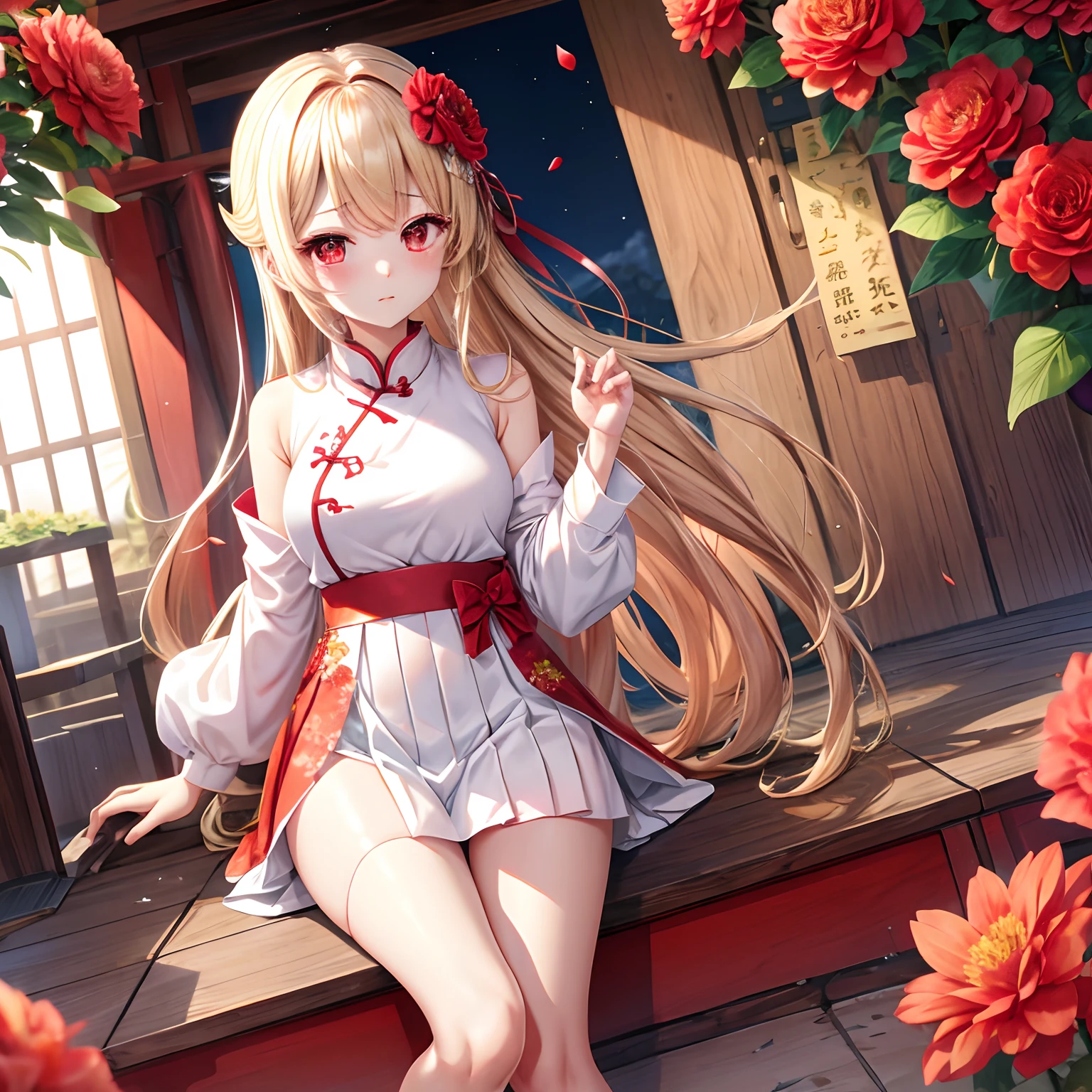 a blond、red eyes、One pretty girl、独奏、animesque、flower field、red blush、White cheongsam、Underwear is slightly visible、Mini skirt