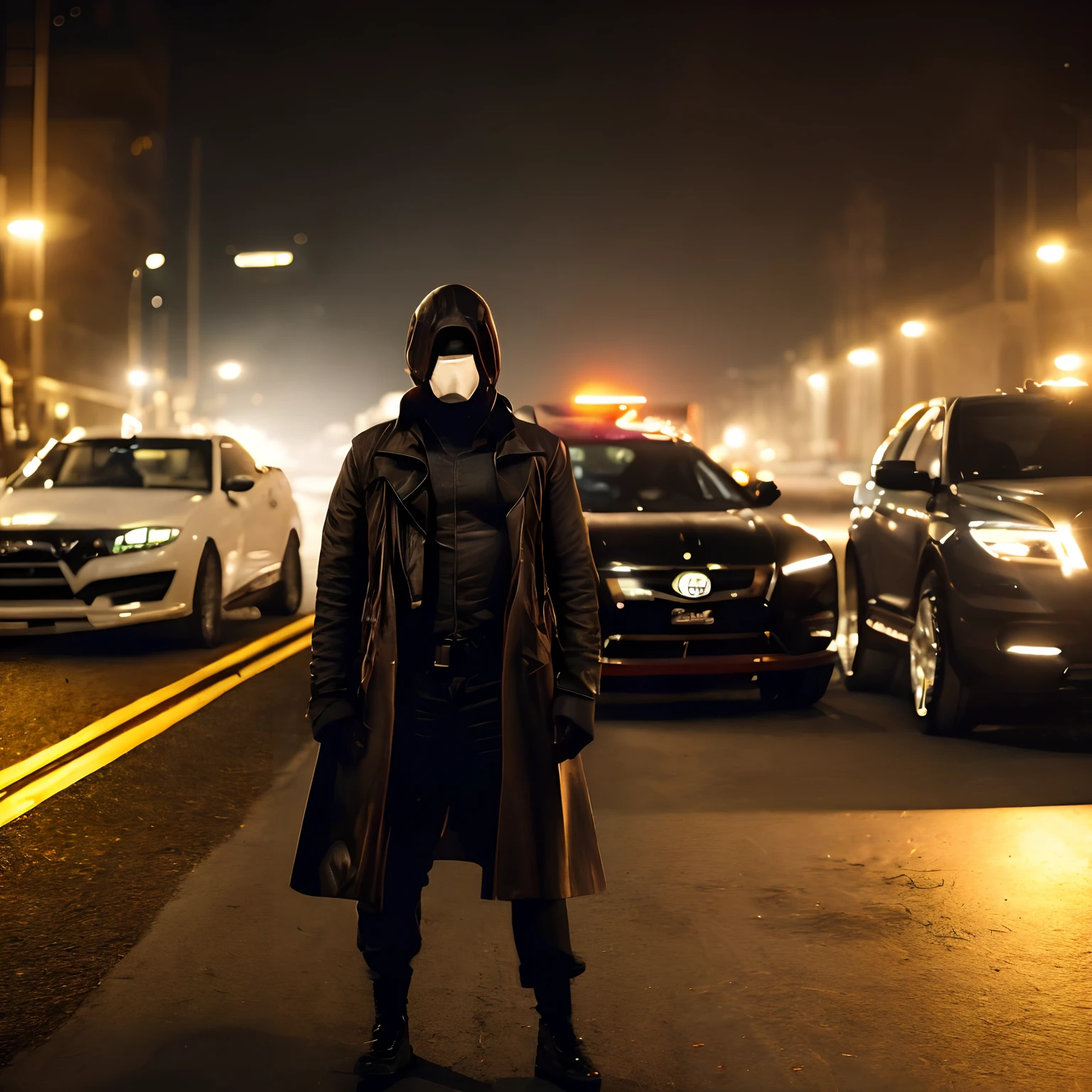 Masked vigilante, confidently positioned amidst a sinister gang and their menacing vehicles on a dimly lit road at night, cinematic action unfolding, intensified by the headlight illumination casting an atmospheric brownish tint. --auto