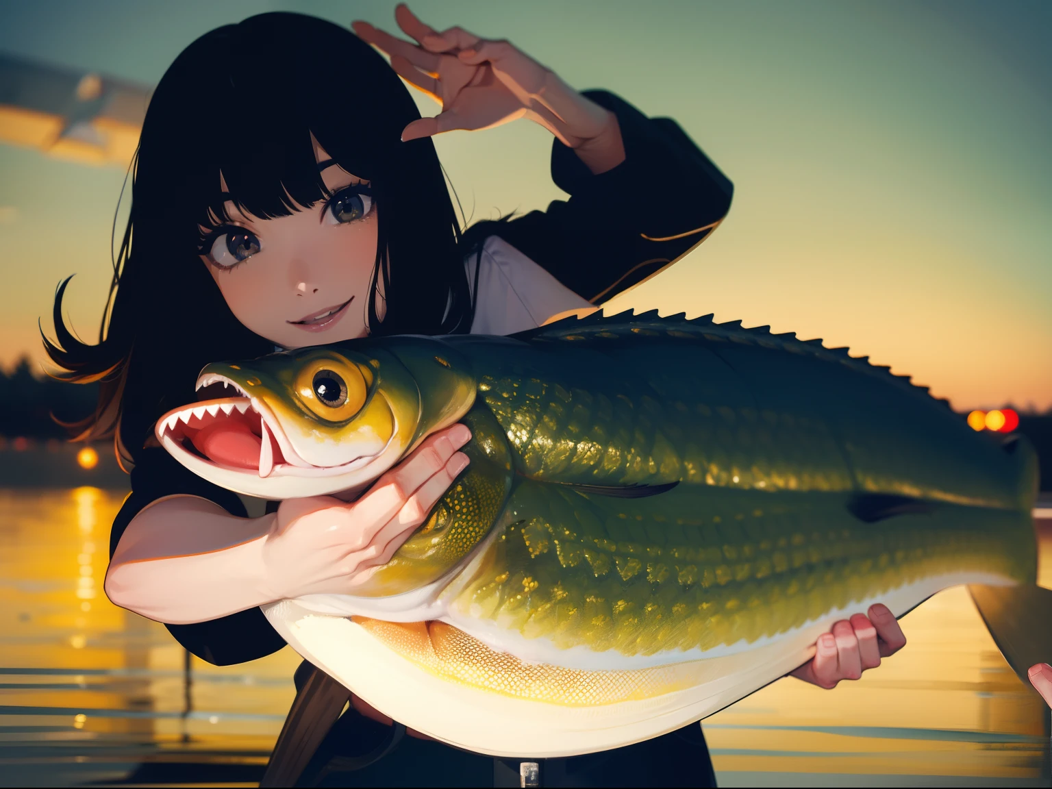 (((catching a big largemouthbass with both hands))) (((stand by the lakeside:1.1))),((Best quality, Masterpiece :1.3)),(1 japanese mature female),large mouth bass,black hair, longeyelashes, solid circle eyes, light smile, drop shadow, atmospheric perspective, 8k, super detail, ccurate, best quality, small breasts,black jacket, Black T-shirt ,navy blue jeans,
