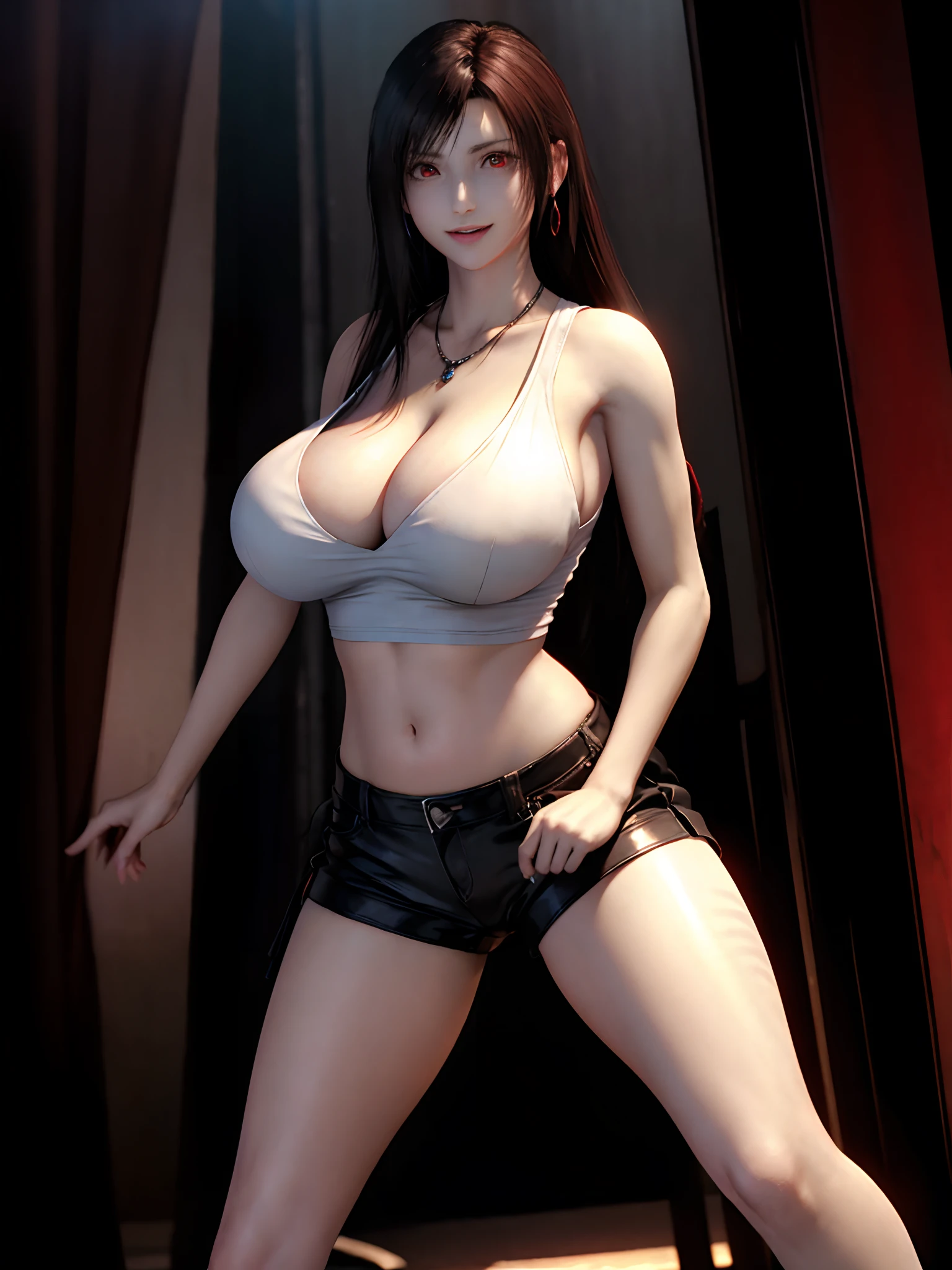 8k, RAW photo, best quality, ultra high res, photorealistic, full body
1girl, thigh, red hair, earrings, necklace, grin, eyelashes,beauty , spreadatic lighting, depth of field, tifa_lockhart, (huge breasts, red eye