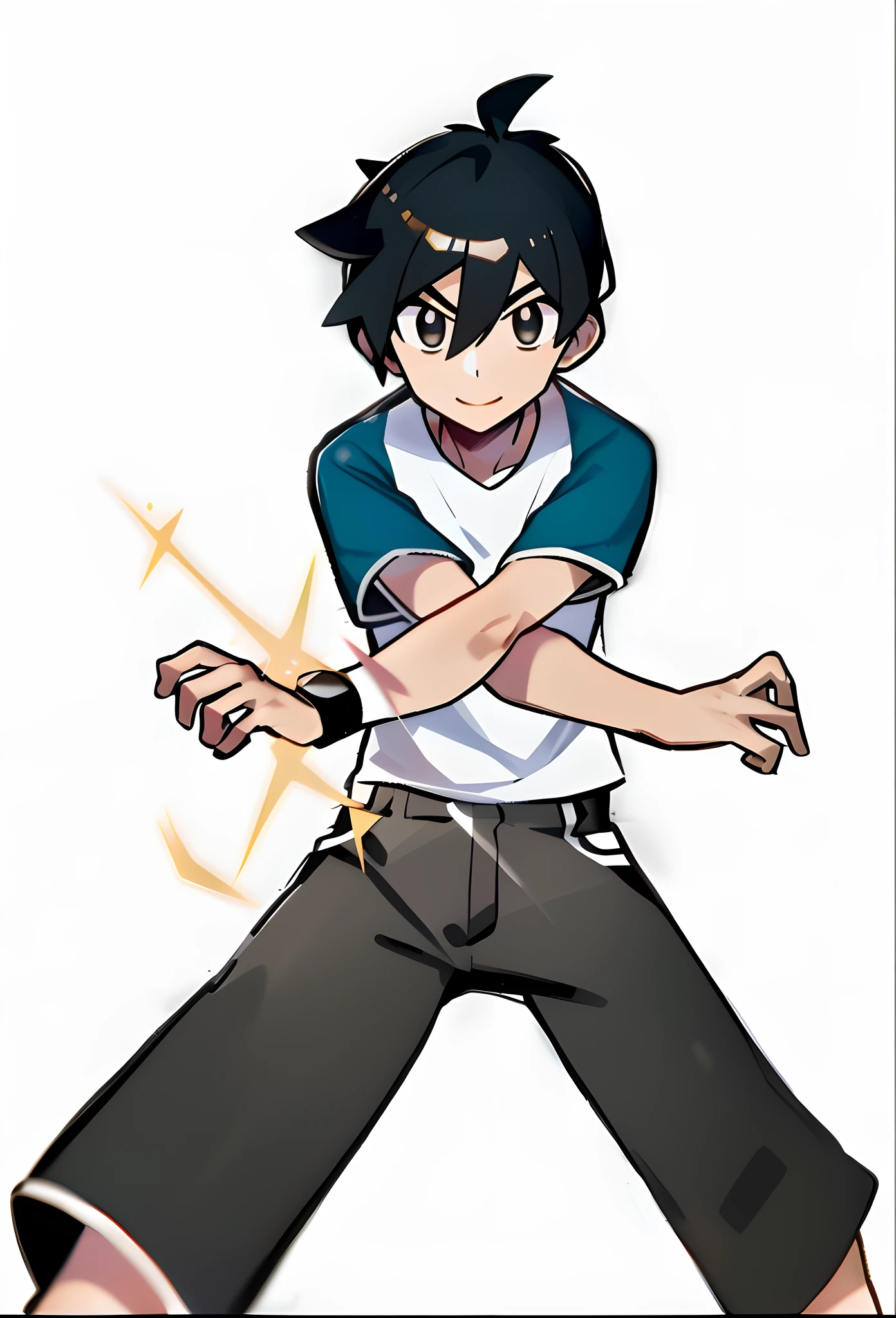 sugimori ken \(Style\), Black hair,White gym clothes,Black shorts,white backgrounid,view the viewer, Nintendo, offcial art, Pokemon, Pokemon \(gaming console\), Pokemon SWSH, Light smile, sugimori ken, tart \(Illustrator\), Thighs, Stand next to Pokemon \(organism\)