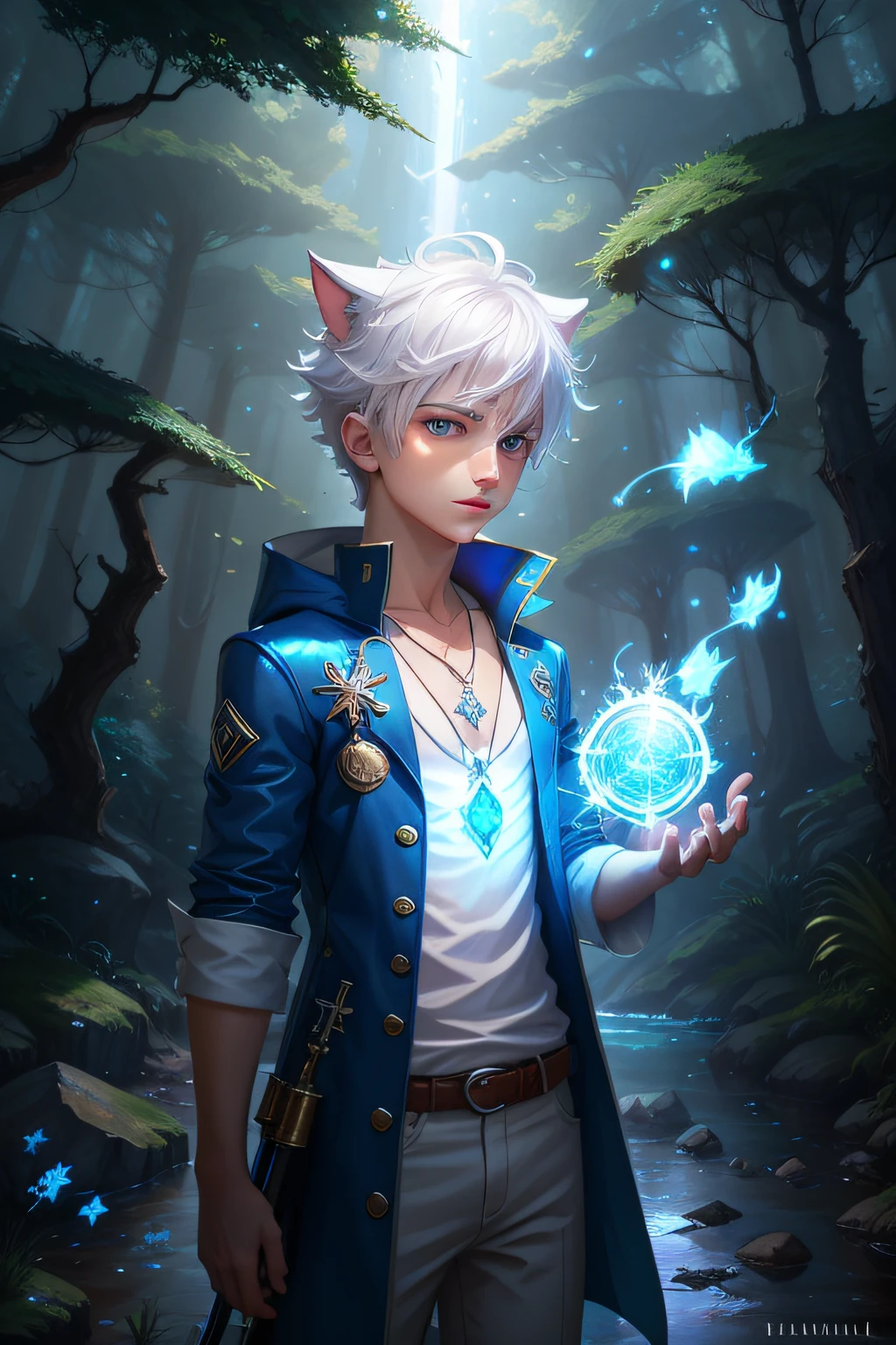 splash art, human, white hair, white cat ears, short height, male, nature background, magic boy, explorer clothes,, magic effects, blue magic effects, blue effects, blue key pendant necklace