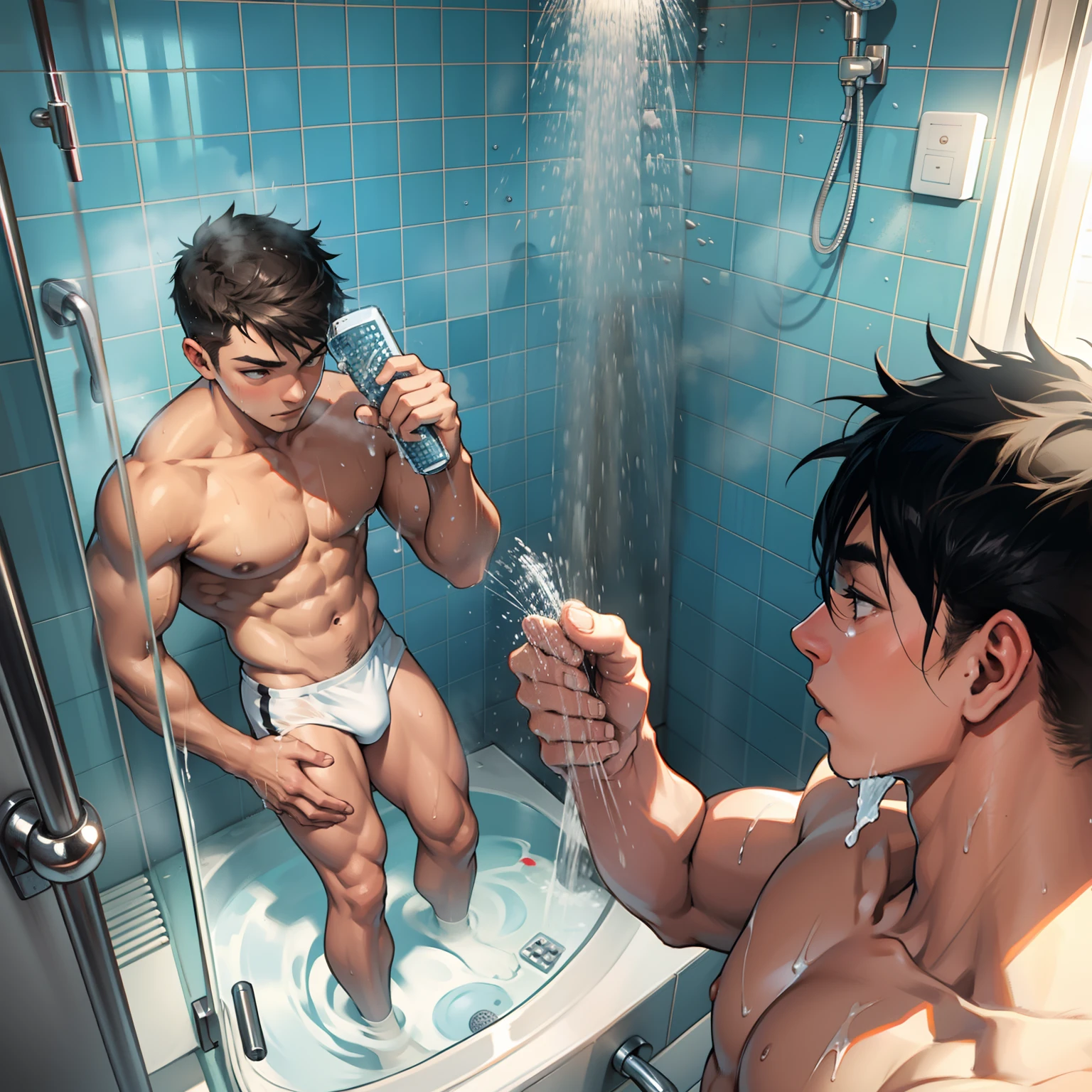 Two boys take a shower together，Raised sexy，nakeness