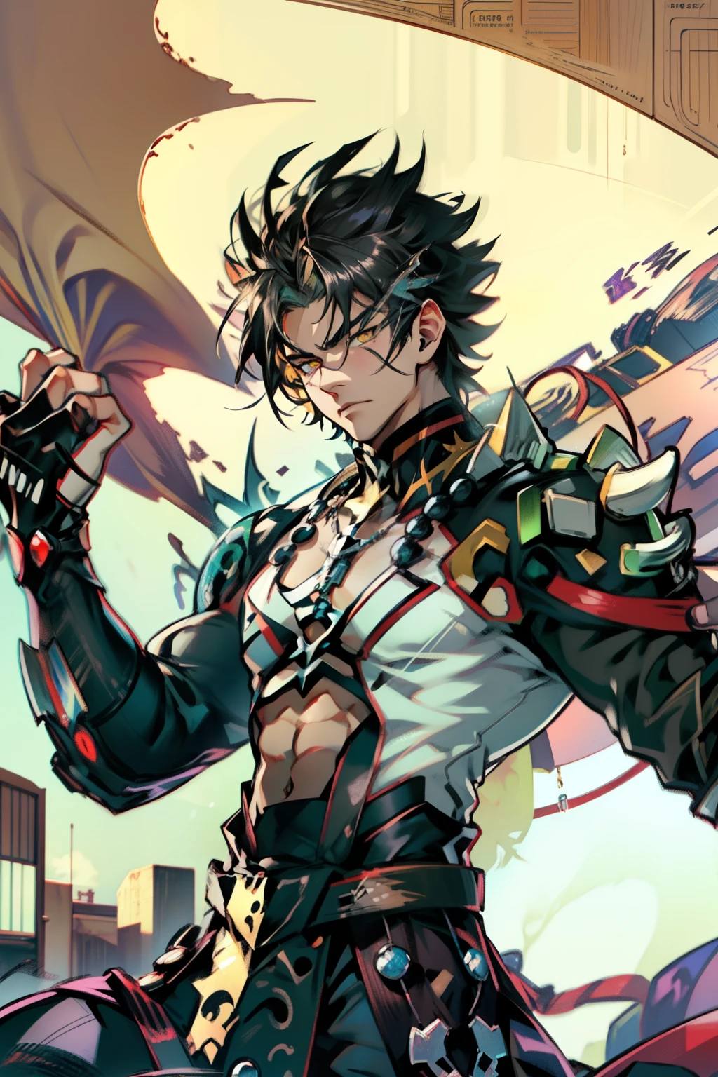 《the original god》Arataki Kazuto , male people,,((Masterpiece)), ((Best quality)), Ultra detailed,((illustration)), Dynamic Angle, Detailed light, (Delicate eyes), Floating, 1boy, Male focus, Head, Clothing, Yellow eyes, necklace, tattoo, (Forehead:0.8), (ahoge:0.8), jewelry, apathy,Ray, chest muscle, Sexy , Venom symbiote for your body, Black mucus of the body , (into venom), Venom,frontage,style of anime4 K, 4K anime wallpaper, Badass anime 8 K, 4 k comic wallpaper, young anime man, Anime boys, Anime wallpapers 4 k, Anime wallpaper 4K, High quality anime art style, Anime moe art style, Anime art wallpaper 8 K, Anime art wallpaper 4 K, RGB lighting