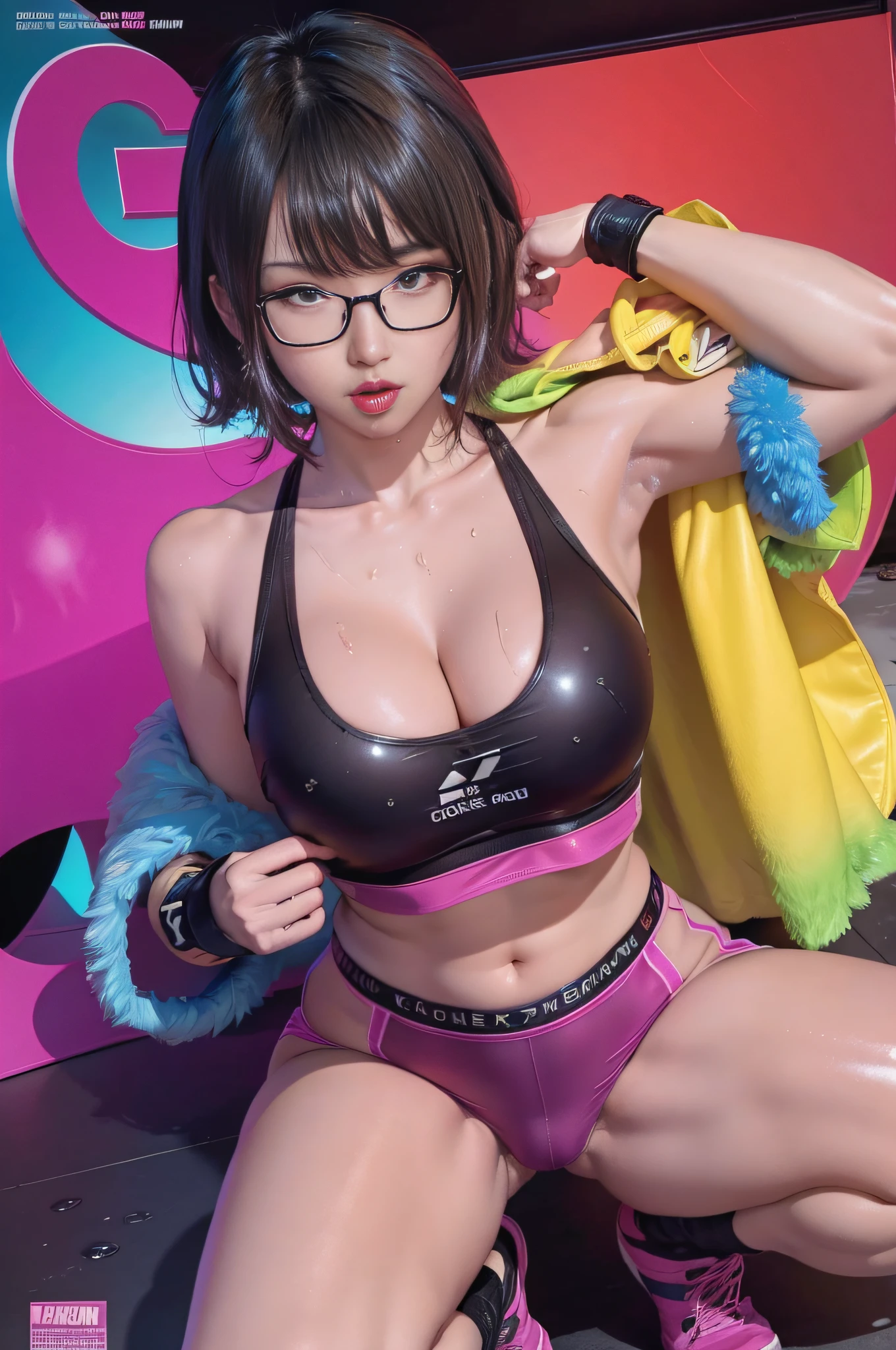 Squatting!、dynamicposes、legs spread out、eye glasses、darkskin、high-necked、Sponsor Logo、(Stick out your tongue to the viewer!),cyberpunked、Sleeveless、(Shiny colorful beach volleyball costume)、(magazine:1.3), (cover-style:1.3),(Dripping wet body:1.15)、Hands behind the head、(FULL BODYSHOT)、((masterpiece))、 super fine face and eyes,Colorful Korean Idol Hair,Look at viewers、
