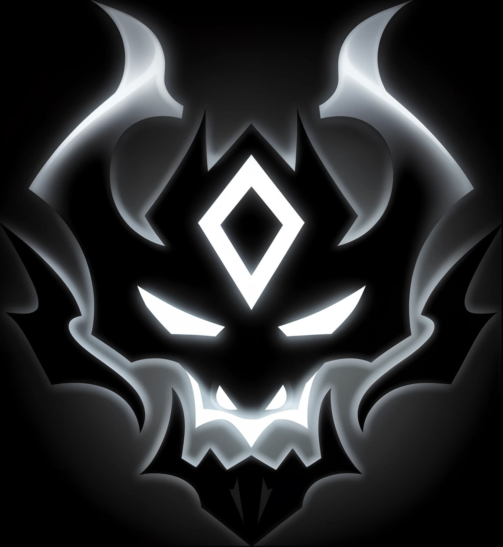 White and black demon doppelganger,There is a diamond on it, logo without text, Demanding design, darksiders style, white outline, Black and white logo, demon, From Overlord, demonic sigils, A scene from the《Intrepid Covenant》Omen, fantasy game spell symbol, vectorial, lich, imperial symbol, their, skull like, Palatial and threatening faces