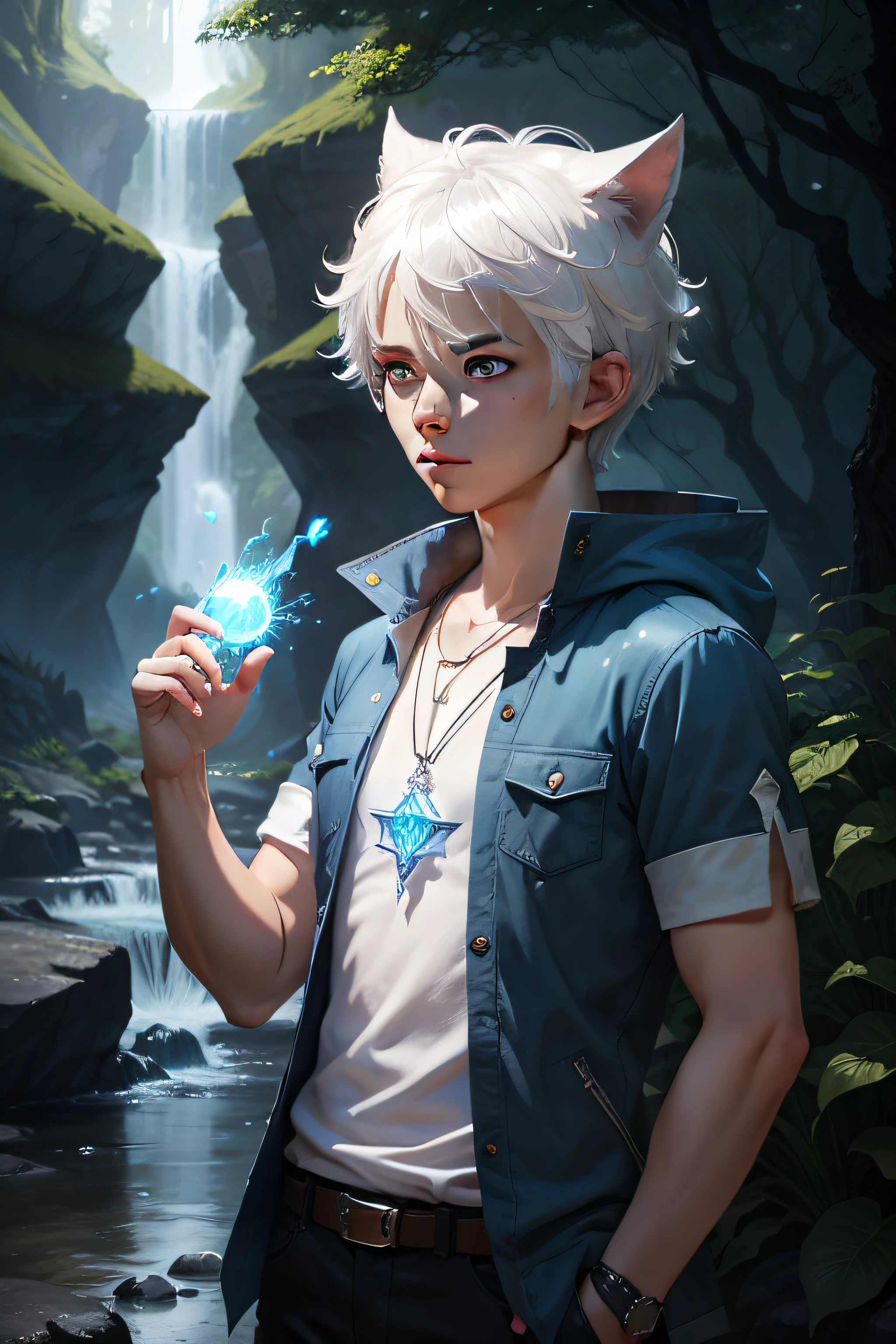 splash art, human, white hair, white cat ears, short height, male, nature background, magic boy, explorer clothes, magic effects, blue magic effects, blue effects, blue key pendant necklace