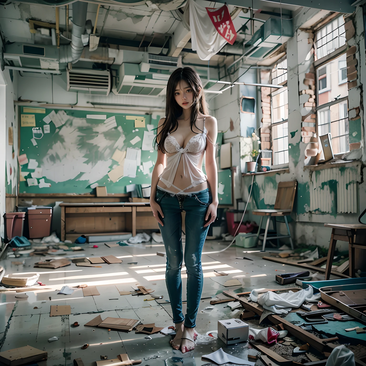 Abandoned school buildings,Sexy standing pose,Random white sexy little lingerie and panties,Full body portrait 1.1,18 years old girls,lean and slender body,Skinny,Smaller bust,The barefoot,Leaky ,Leakage of all breasts,Naked all over the body,facing to audience
