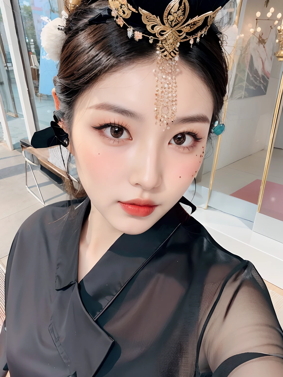 There is a woman with a black blouse and black headdress, popular korean makeup, young cute wan asian face, Popular Korean makeup, sensual face，Full of makeup, xintong chen, professional make-up, beautiful Japanese girl face, Asian face, kanliu666, sakimichan, face with artgram