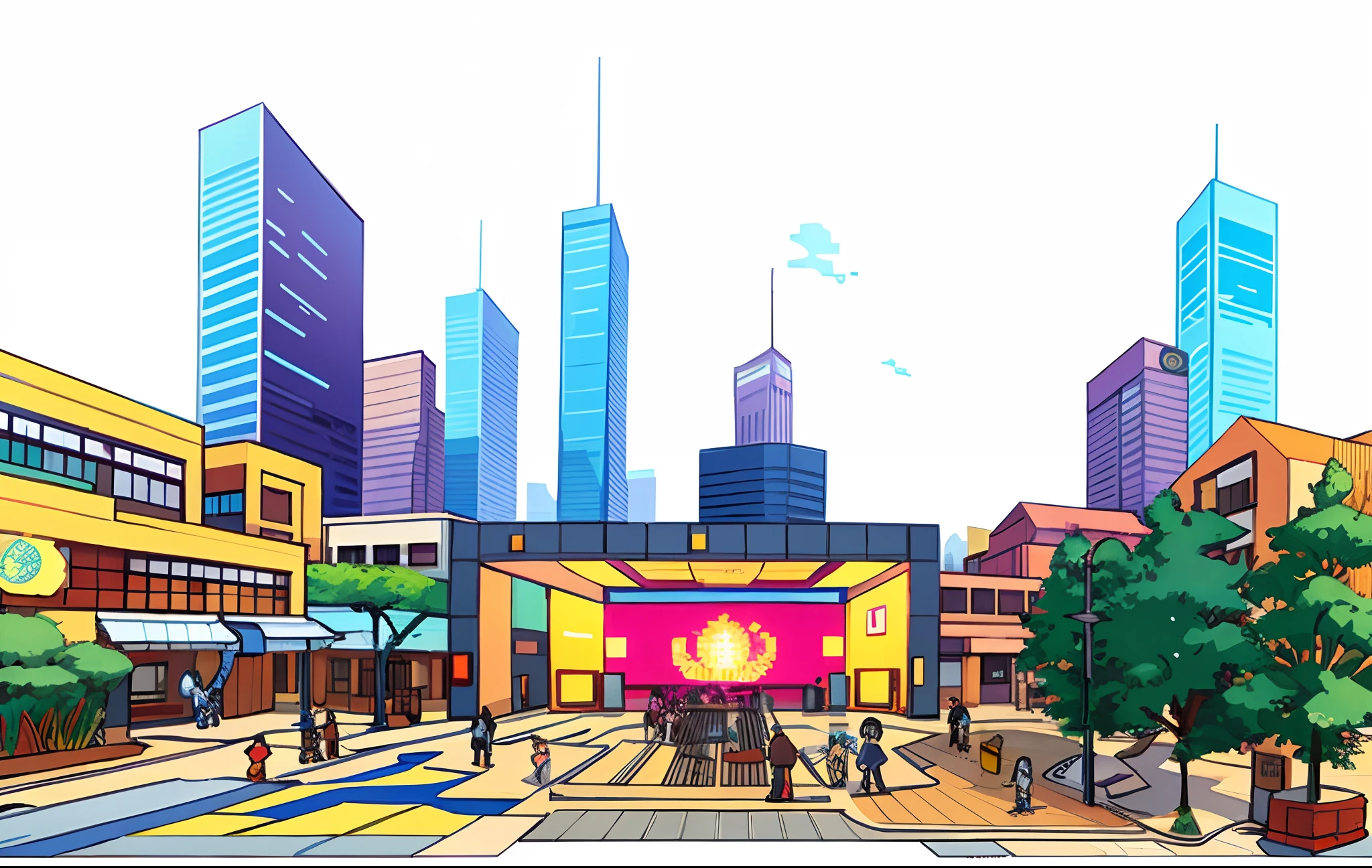 urban plaza，Game style，pixilated，Technologie，Cartoony，anime big breast，Mosaicization，More details，game scenes，Sense of age
