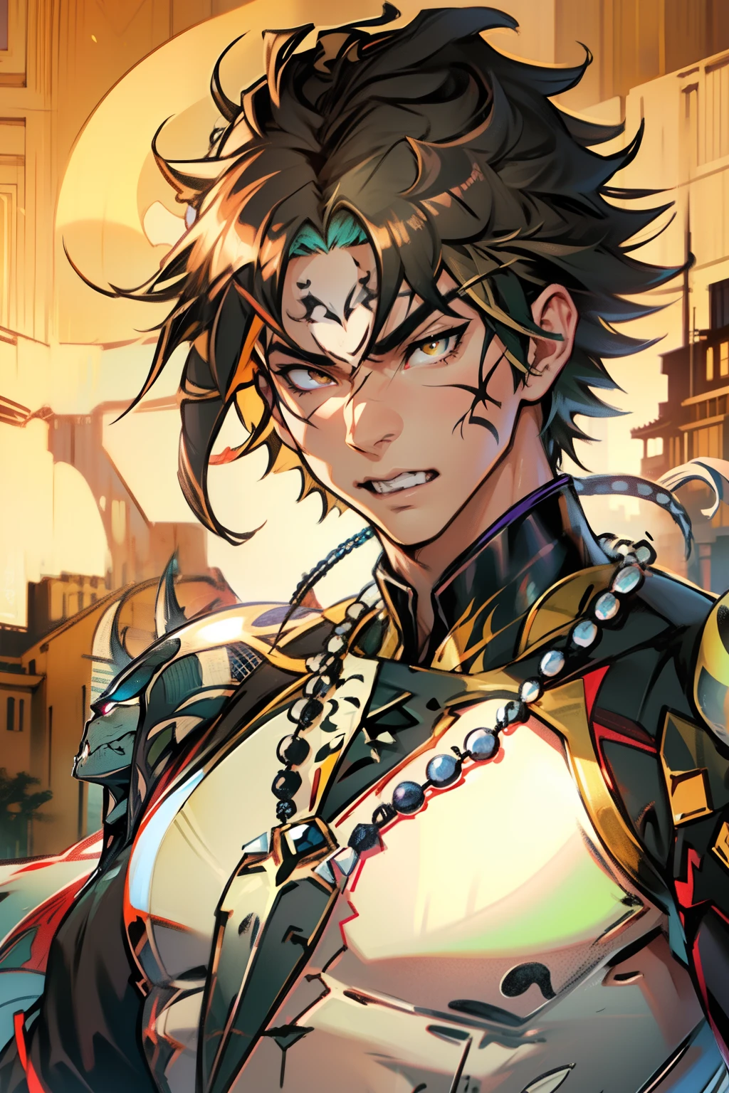 《the original god》Arataki Kazuto , male people,,((Masterpiece)), ((Best quality)), Ultra detailed,((illustration)), Dynamic Angle, Detailed light, (Delicate eyes), Floating, 1boy, Male focus, Head, Clothing, Yellow eyes, necklace, tattoo, (Forehead:0.8), (ahoge:0.8), jewelry, apathy,Ray, chest muscle, Sexy , Venom symbiote for your body, Black mucus of the body , (into venom), Venom,frontage,style of anime4 K, 4K anime wallpaper, Badass anime 8 K, 4 k comic wallpaper, young anime man, Anime boys, Anime wallpapers 4 k, Anime wallpaper 4K, High quality anime art style, Anime moe art style, Anime art wallpaper 8 K, Anime art wallpaper 4 K, RGB lighting