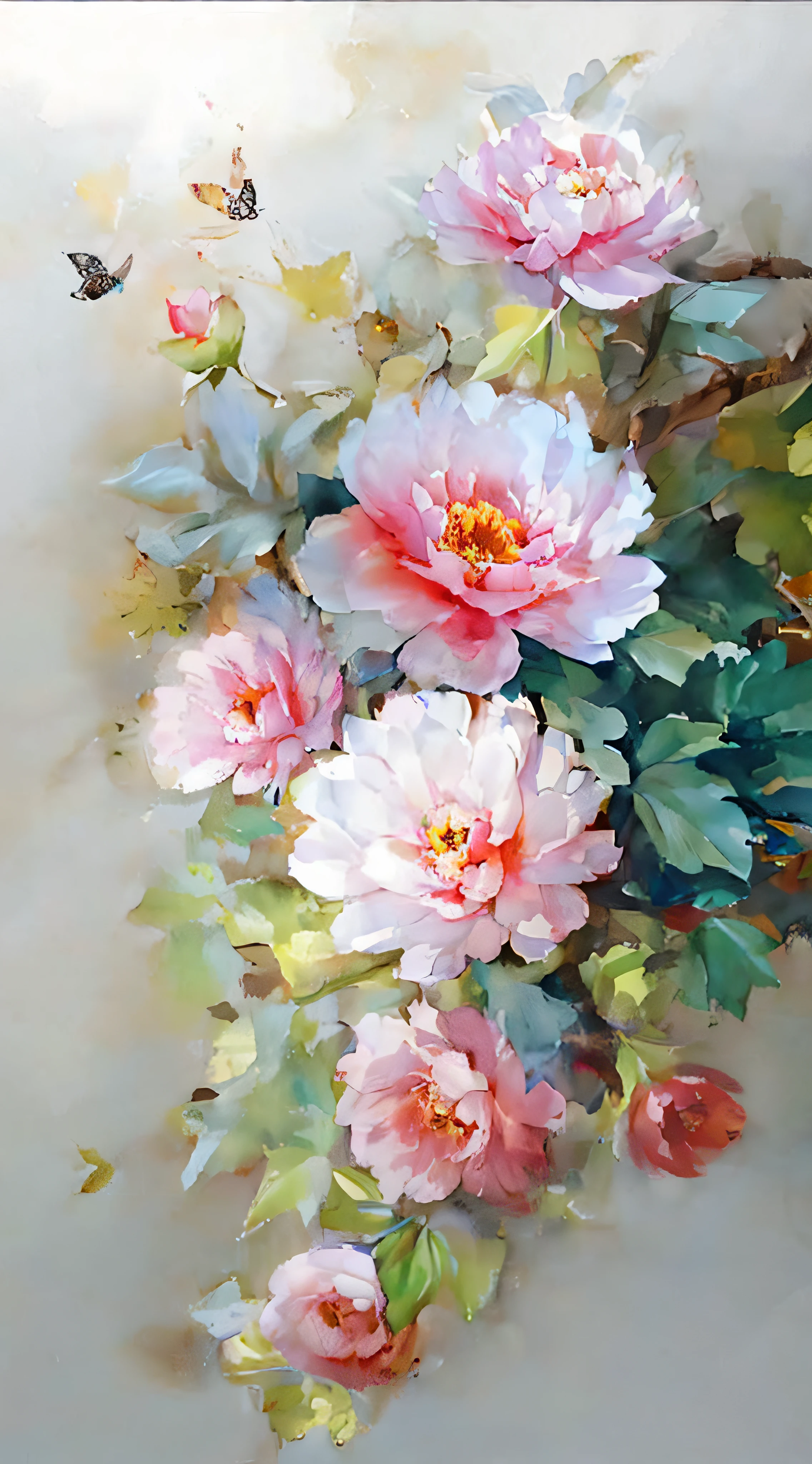 Draw a bouquet of flowers，Two butterflies flew around, realistic flowers oil painting, peony flower, Beautiful large flowers, Chinese painting style, painting of beautiful, elegant digital painting, Chinese watercolor style, Peony flower, elegant flowers, Peonies, Chinese style painting, author：Li Kelan, elegant and refined painting, Peonies, detail, Floral