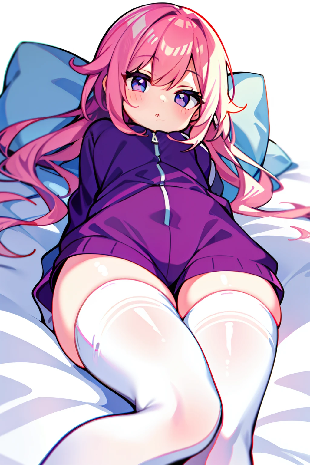 1girll,full bodyesbian,leisure wear,Fleshy legs,white stockings,Lie down in bed,Cute white background, (Speaking heart:1.4)