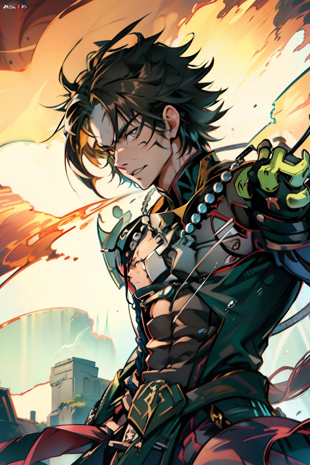 《the original god》Arataki Kazuto , male people,,((Masterpiece)), ((Best quality)), Ultra detailed,((illustration)), Dynamic Angle, Detailed light, (Delicate eyes), Floating, 1boy, Male focus, Head, Clothing, Yellow eyes, necklace, tattoo, (Forehead:0.8), (ahoge:0.8), jewelry, apathy,Ray, chest muscle, Sexy , Venom symbiote for your body, Black mucus of the body , (into venom), Venom,frontage,style of anime4 K, 4K anime wallpaper, Badass anime 8 K, 4 k comic wallpaper, young anime man, Anime boys, Anime wallpapers 4 k, Anime wallpaper 4K, High quality anime art style, Anime moe art style, Anime art wallpaper 8 K, Anime art wallpaper 4 K, RGB lighting