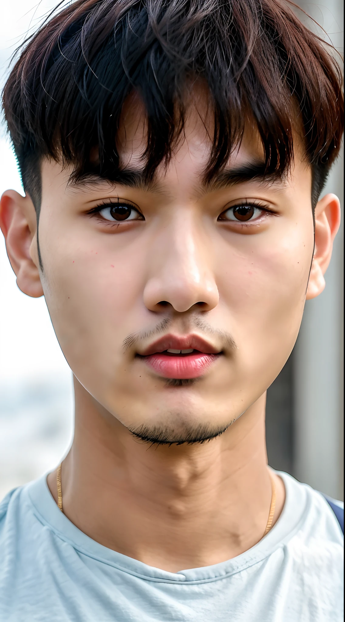 Allafid Asian man,With a pair of scissors in his hand, 2 8 years old, 2 7 years old, south east asian with round face, soft eyes and narrow chin, Narrow nose, 2 9 years old, yanjun cheng, Korean symmetrical face, Asian face, 8k selfie photograph, 2 3 years old, Detailed unblurred face