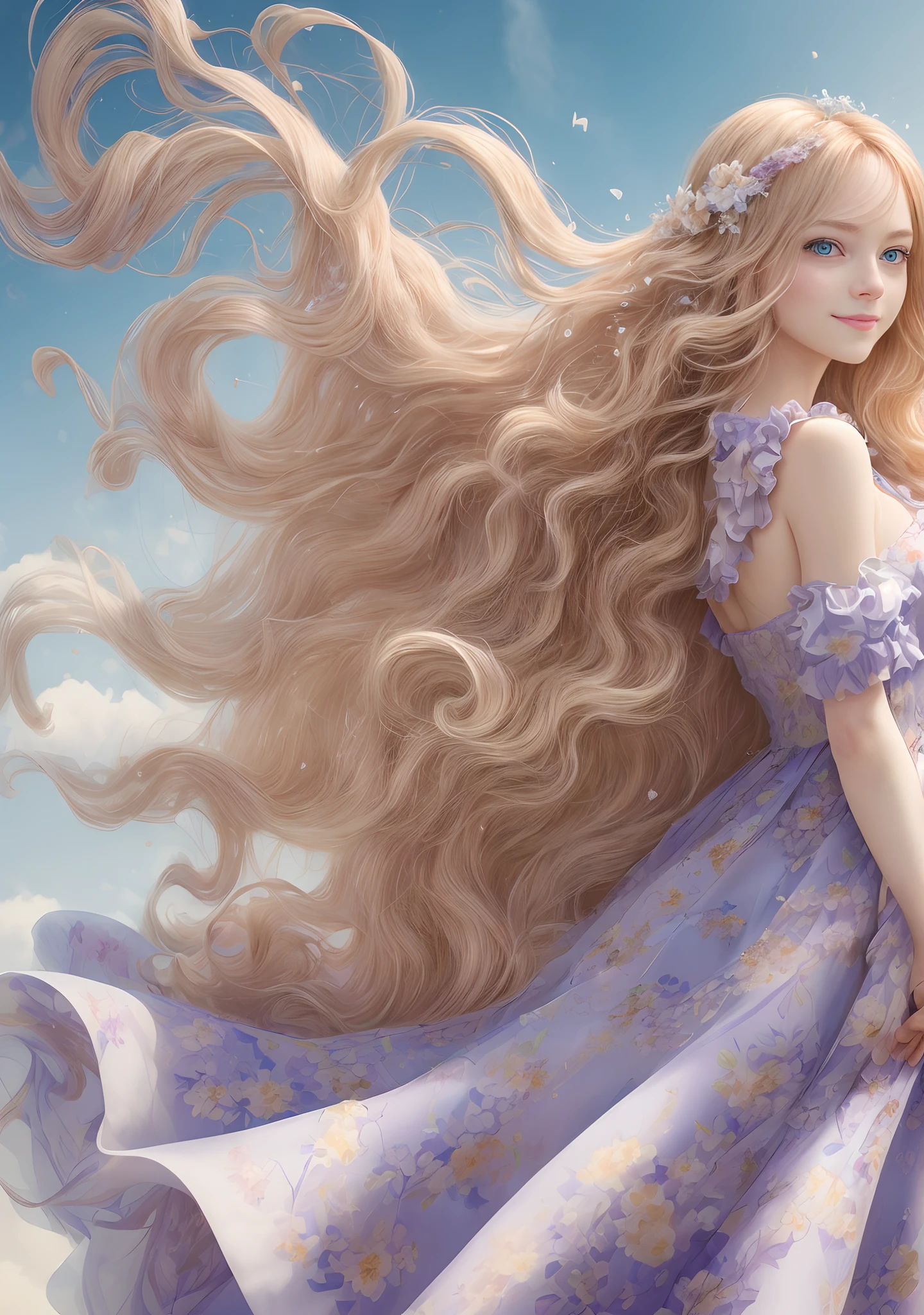 (top-quality、masterpiece), infp young woman, the pose, Particle, the wind, florals, The upper part of the body, simple background, View here, Long curly blonde hair blown by the wind、blue eyess、 Smiling、Light purple floral dress on white cloth、intergalactic,in backlight,Rim Lights,beautiful artwork,perfect-composition