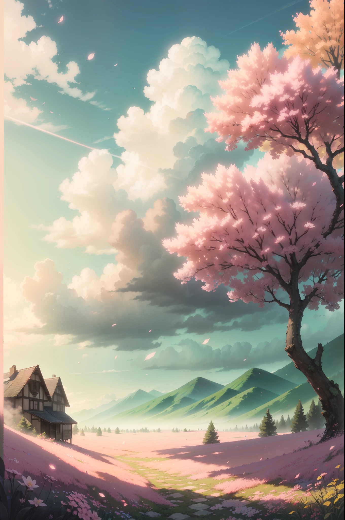 Lots of pink trees, large skies, white clouds , petals , blossoms, aesthetic serene bliss, diffused light, god rays, chromatic aberration, caustics