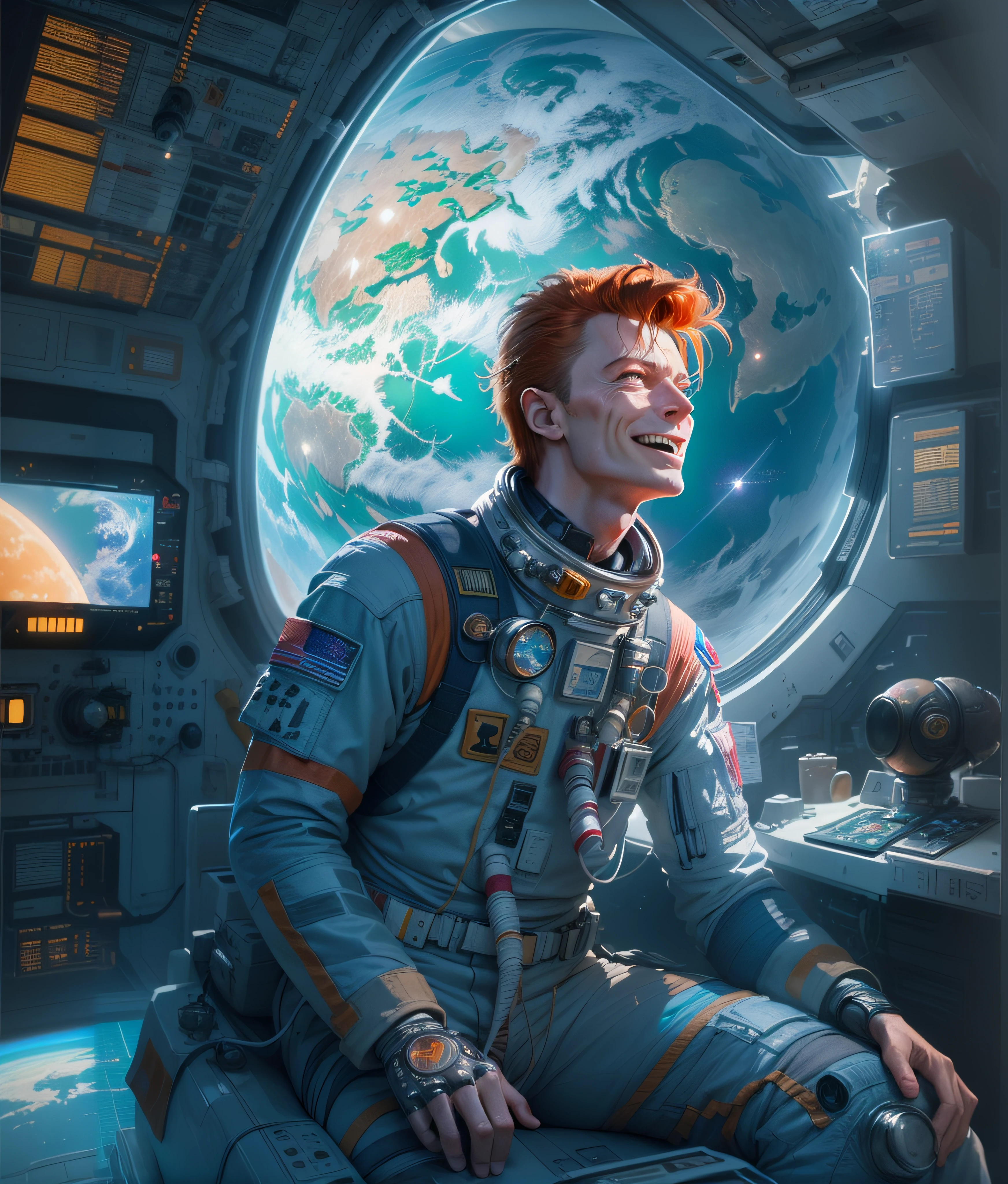 astronaut sitting in space station with earth in background, wojtek fus, space oddity, greg beeple, sci - fi illustrations, sci-fi illustrations, stefan koidl inspired, beeple and tim hildebrandt, fantasy art smug smile man, portrait of an ai astronaut, sci-fi digital art illustration, jen bartel