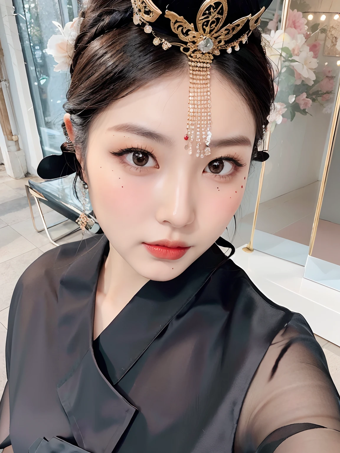 There is a woman with a black blouse and black headdress, popular korean makeup, young cute wan asian face, Popular Korean makeup, sensual face,Full of makeup, xintong chen, professional make-up, beautiful Japanese girl face, Asian face, kanliu666, sakimichan, face with artgram