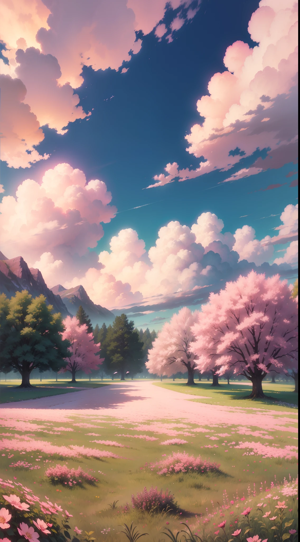 Lots of pink trees, large skies, white clouds , petals , blossoms, aesthetic serene bliss, diffused light, god rays, chromatic aberration, caustics, high light scattering