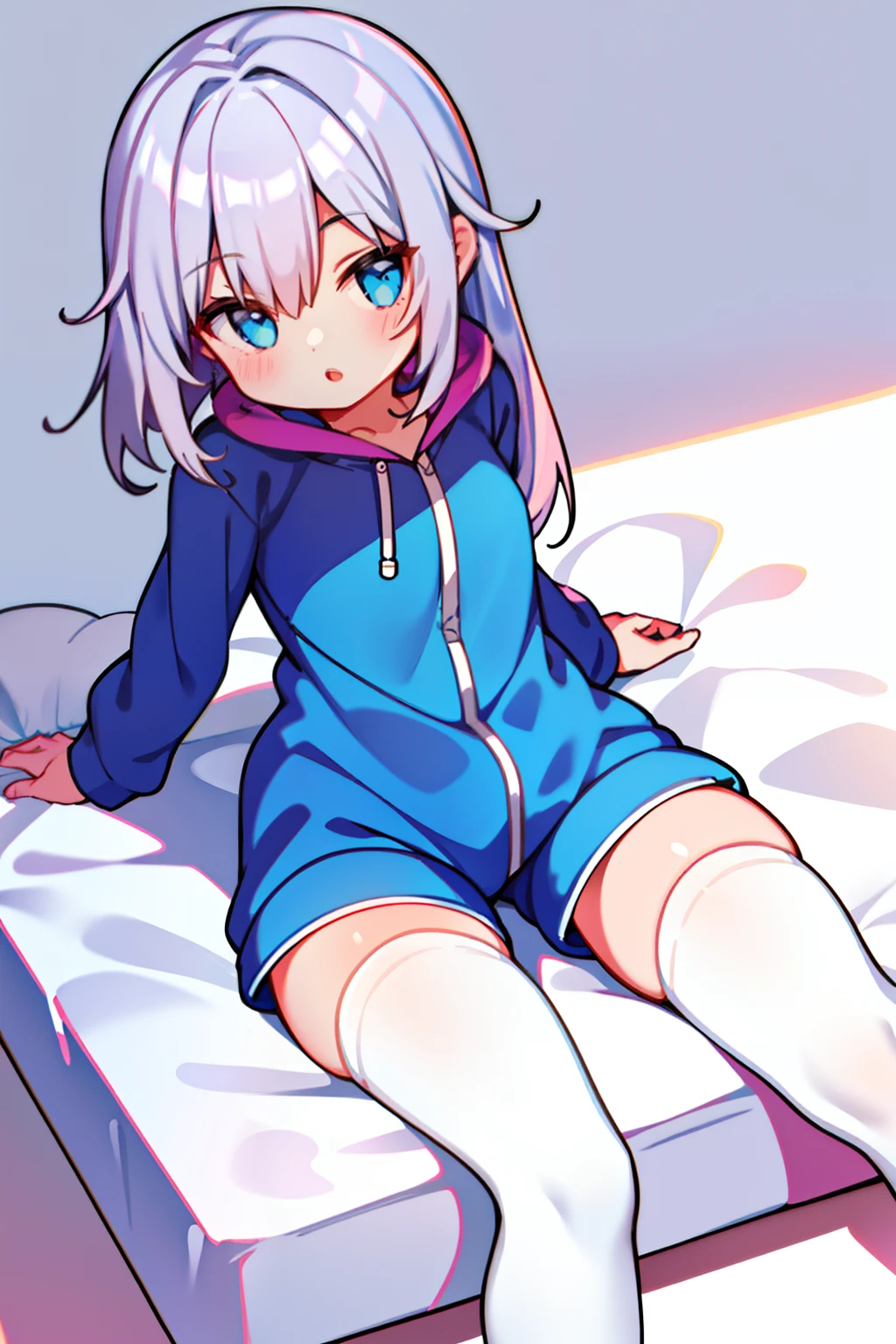 1girll，full bodyesbian，leisure wear，Fleshy legs，white stockings，Lie down in bed，Cute white background, （Speaking heart：1.4）