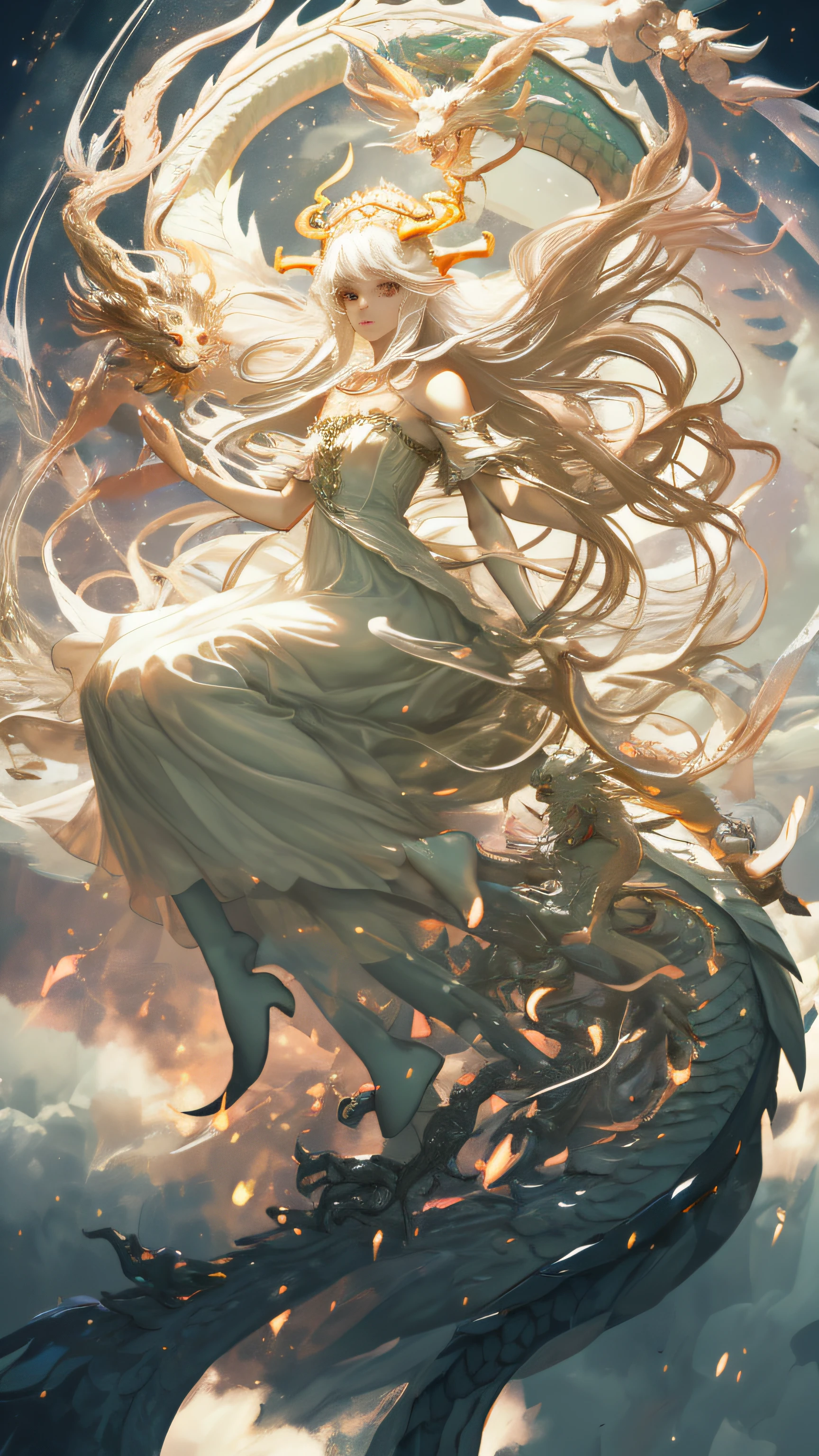 Super beautiful glowing big eyes、White god dragon with white scales、The dragon's head is large、Wrapped in fairies、Fairy with long flowing hair and delicate facial features、Wear a long dress with clear and delicate layers、Beautiful headdress
