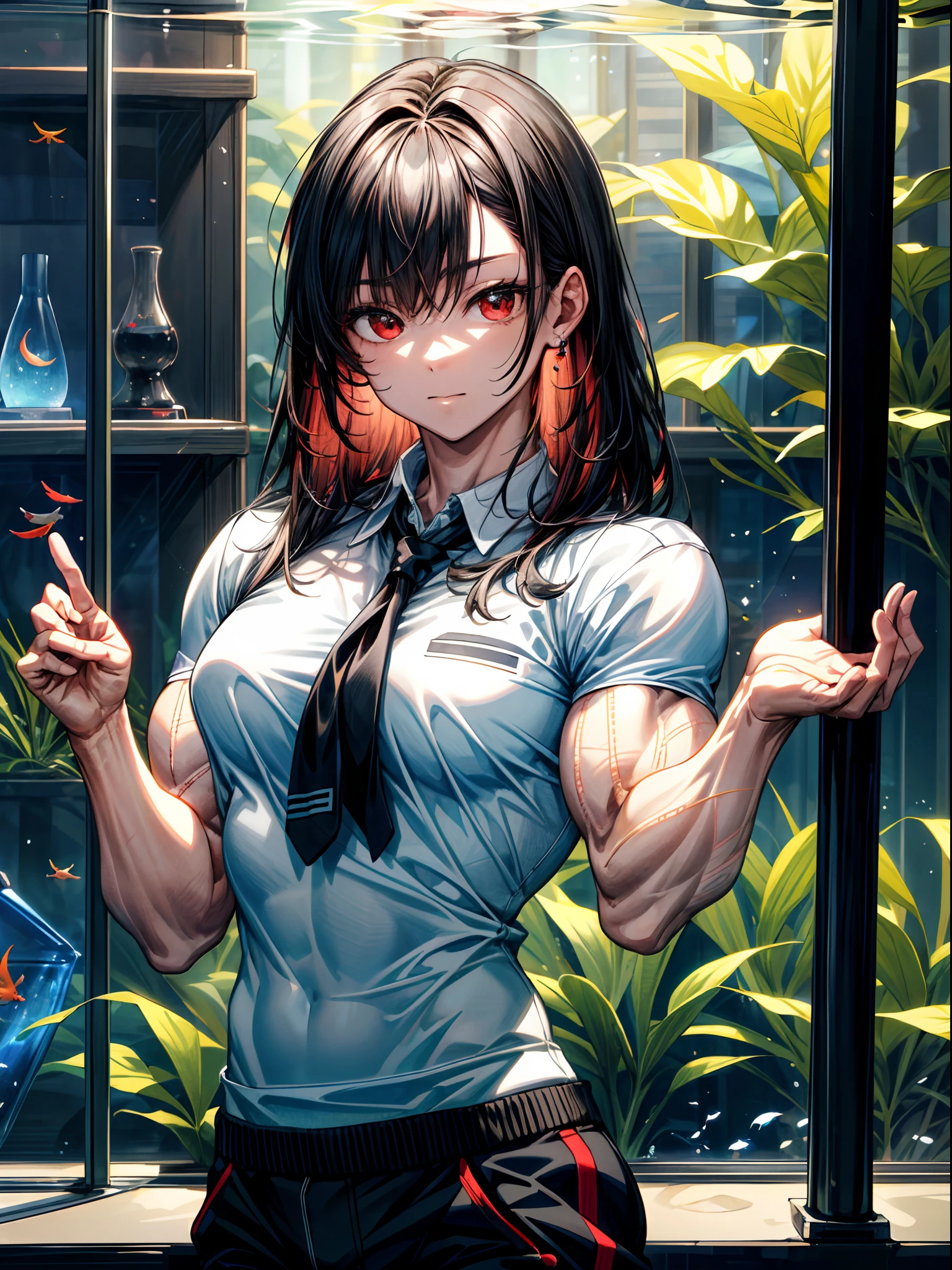 (best lighting) , (super-complex details) , 4K unified, (super-detailed CG: 1.2) , (8K: 1.2),(original), (masterpiece) , (best quality),(Masterpiece:1.4),Anime-ish high quality,(masterpiece),masterpiece, best quality, absurdres,((Masterpeace, 4k, 8k, highres)),(masterpiece), (best quality), (ultra-detailed), (an extremely delicate and beautiful), ((cowboy shot)), 1 woman, Yoru, beautiful face, detailed face, red eyes, scar on the cheek, long hair, black hair, school uniform, white shirt, black tie, dynamic pose, looking at viewer, on a aquarium, fish tank behind her, algae, marine life, blurred bottom, female focus, depth of field, full HD, high definition, high resolution
, ((body builder:1.5)),temple background,(beautiful bace),(girl),(female),(((upper body:1))),from front